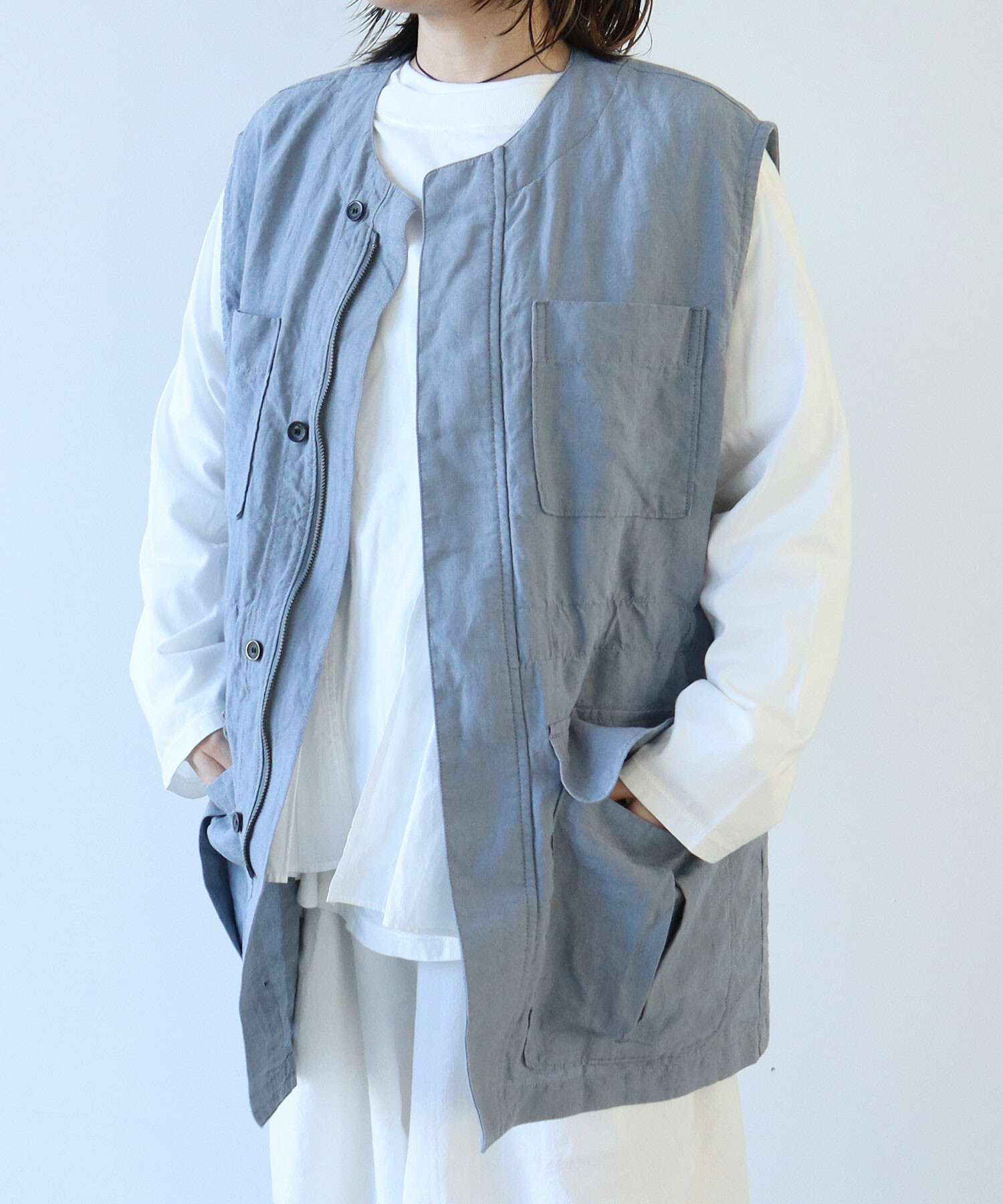 AMBIDEX Store ○60/高密度LINEN ベスト(F BLUEGREY): FLAT-cic-HATENA