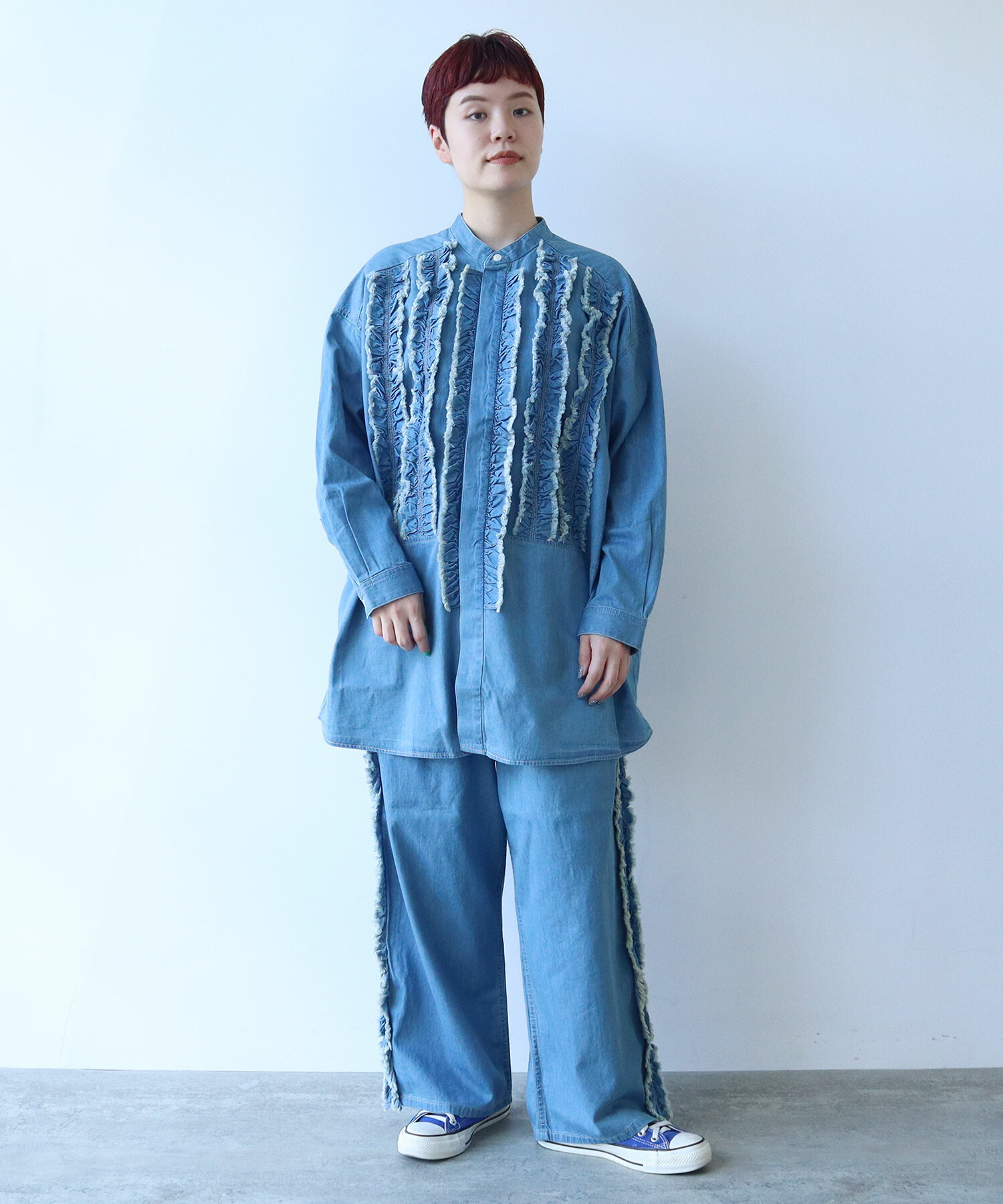 buoybuoy ブイ　8ozDENIM FRILL パンツ AMBIDEX Store △5.5oz LIGHT DENIM SIDE FRILL パンツ(F LIGHT BLUE