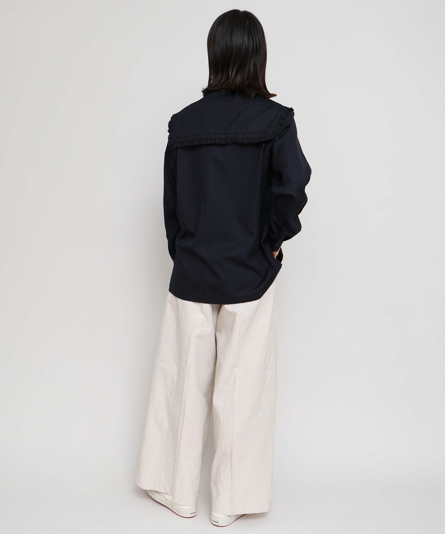 AMBIDEX Store 〇100/2ドビーストライプ フリルフラットカラー シャツ