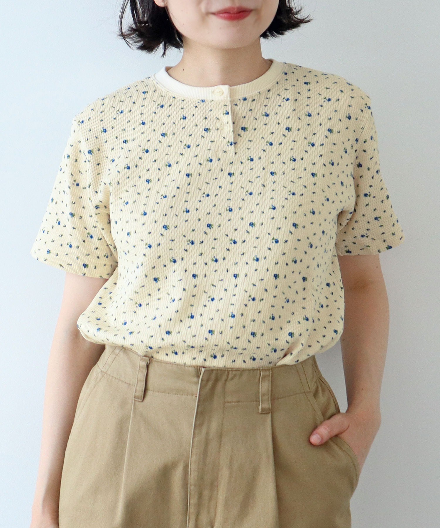 tシャツ USEDサーマル小花プリント ヘンリーネックTシャツ レディース AMBIDEX Store ○USEDサーマル小花プリント ヘンリーネックT
