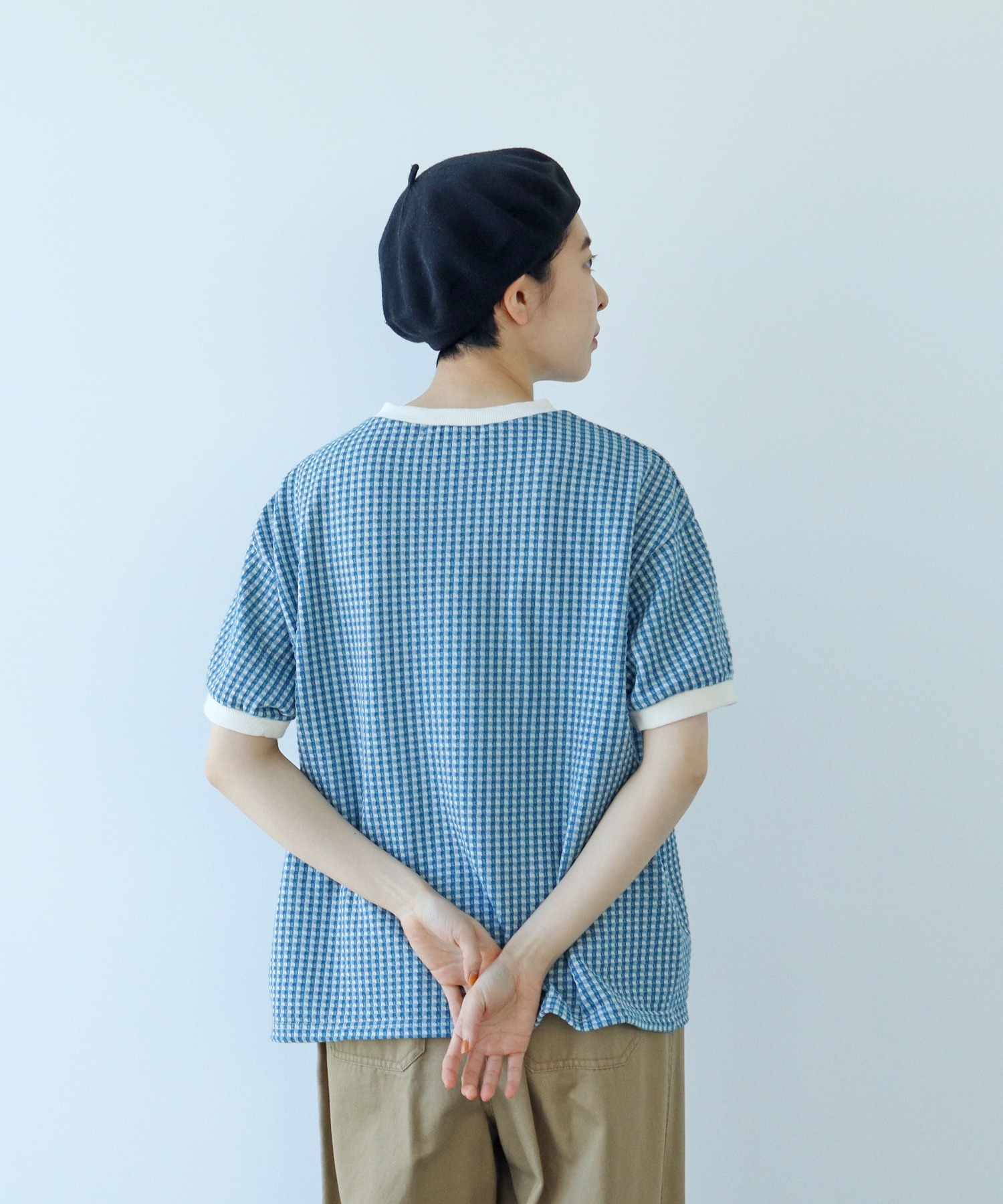 AMBIDEX Store ○ギンガムジャガード 半袖BIG Tシャツ(F クロ