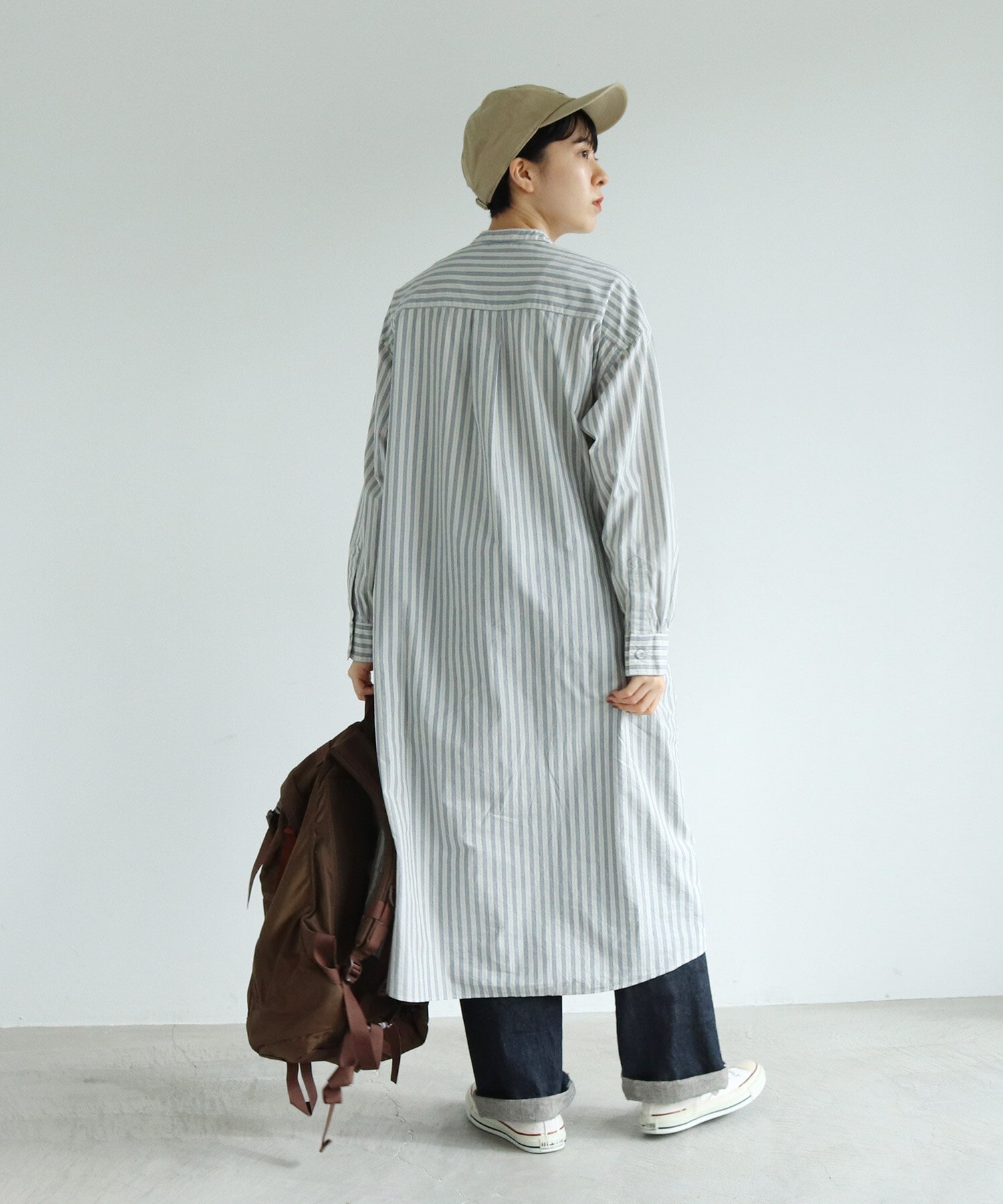 美品☆BACCA　シャドウストライプバンドカラーシャツワンピース ロングワンピース 格安・送料