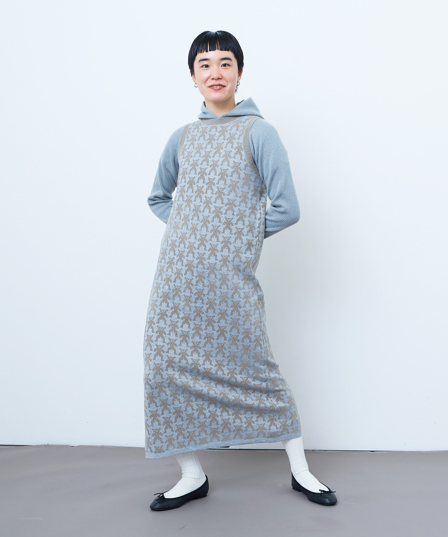 AMBIDEX Store 〇BEAR JACQUARD ロングニットワンピース(F NAVY