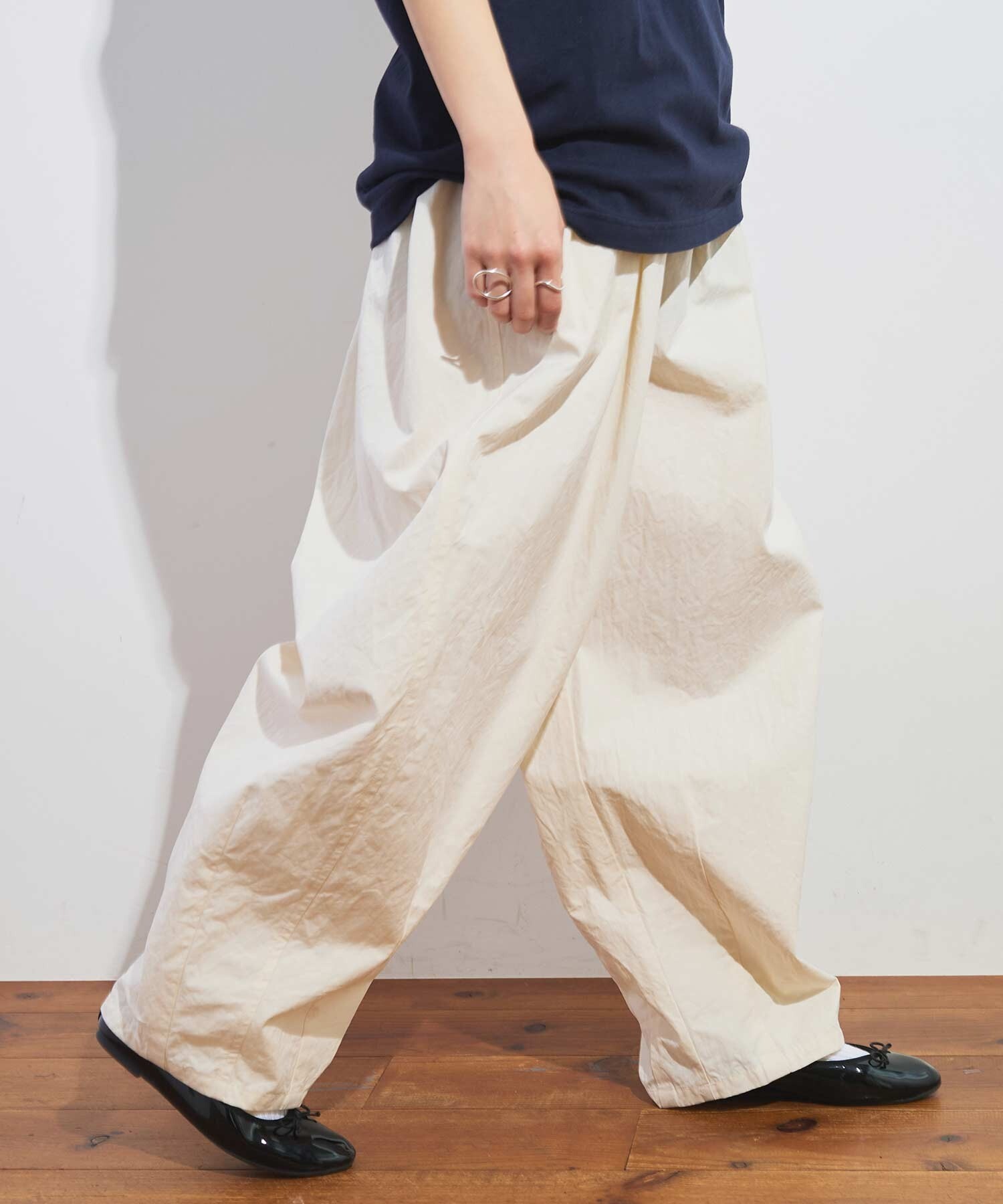 ❇︎ハンドメイド❇︎もんぺパンツ　サルエルタイプ　ホワイトヒッコリー　Ｌ もんぺ おしゃれ 日本製 綿パン リラパン サルエルパンツ ドビー