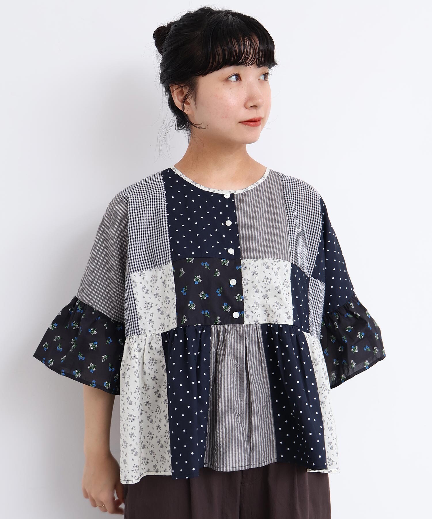 AMBIDEX Store little garden パッチワークブラウス(F クロ): l