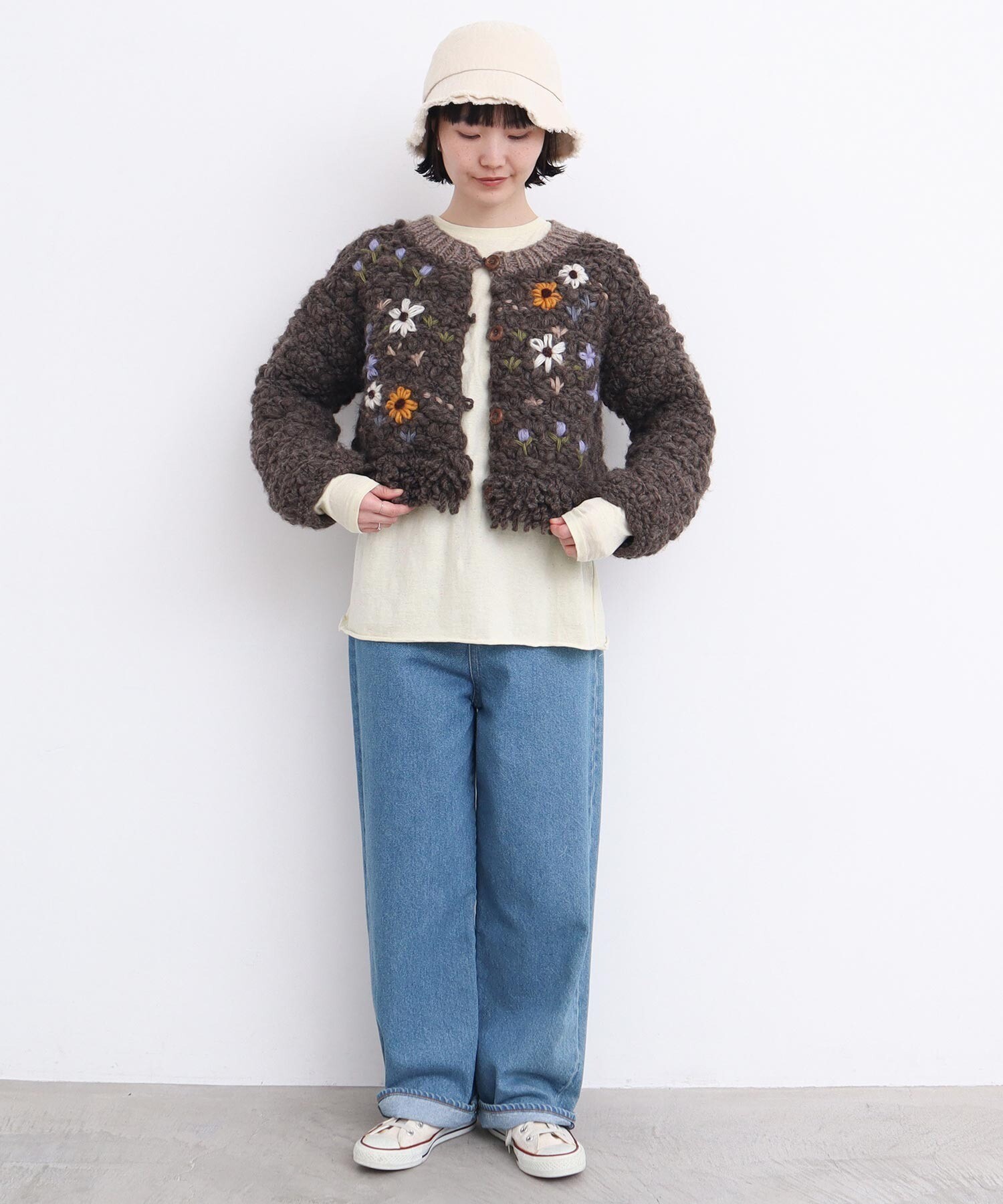 AMBIDEX Store 〇花の咲く散歩道 ハンドニットカーディガン (F チャ