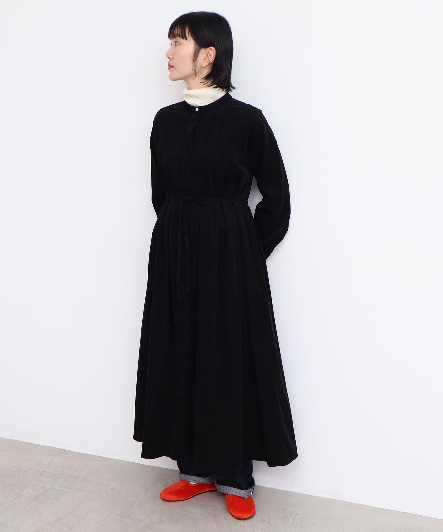 AMBIDEX Store 〇21Wシャツコール タックワンピース(F クロ): l