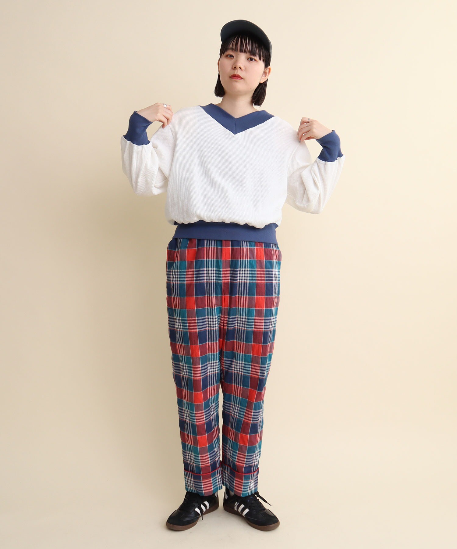 AMBIDEX Store 〇shirring check waist frill PANTS(F アオ): l 