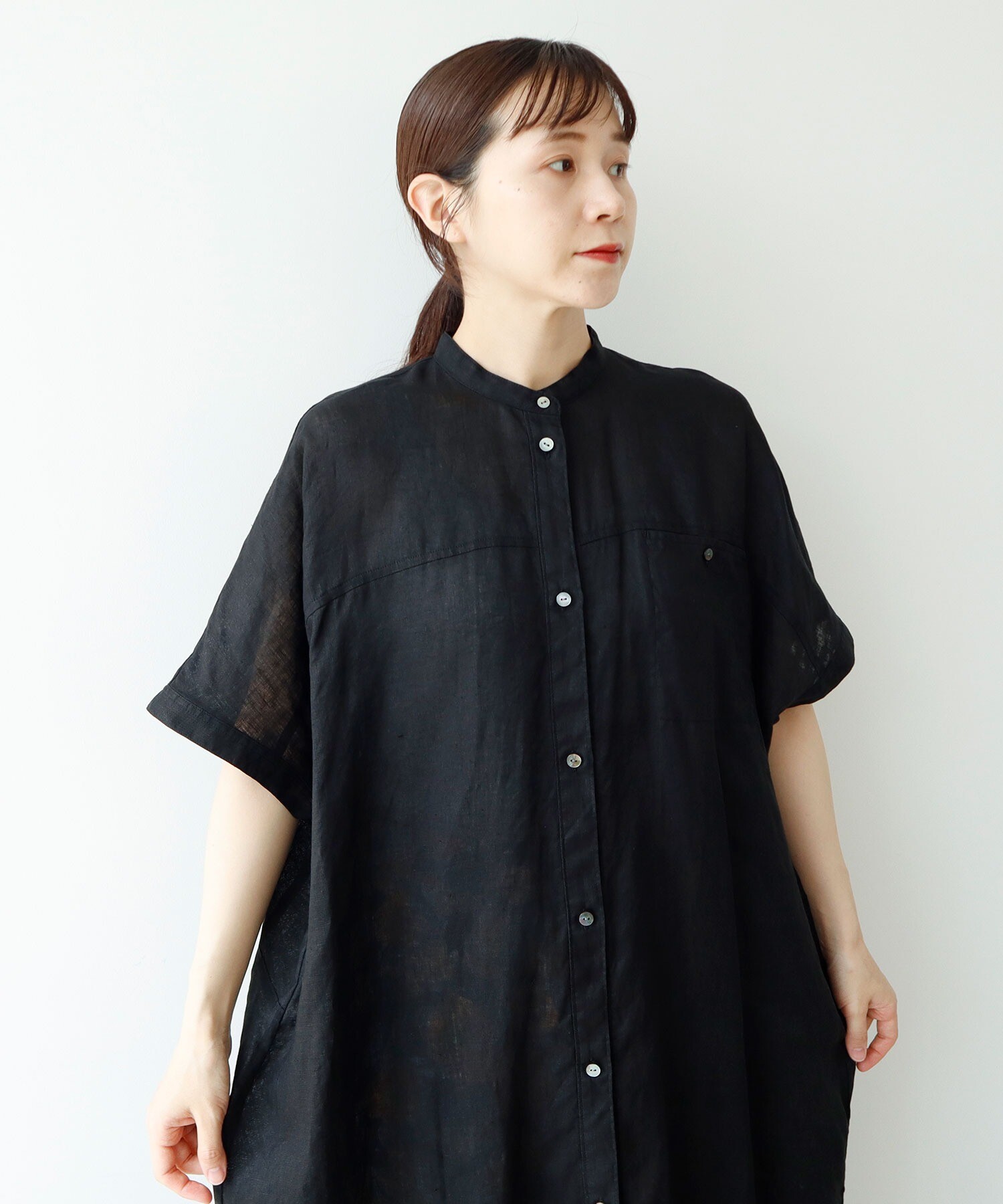ネストローブ リネン 半袖 ワンピース ウエストゴム 青灰 nest Robe 【2024/定価3.8万】ネストローブ *リネンコンビ