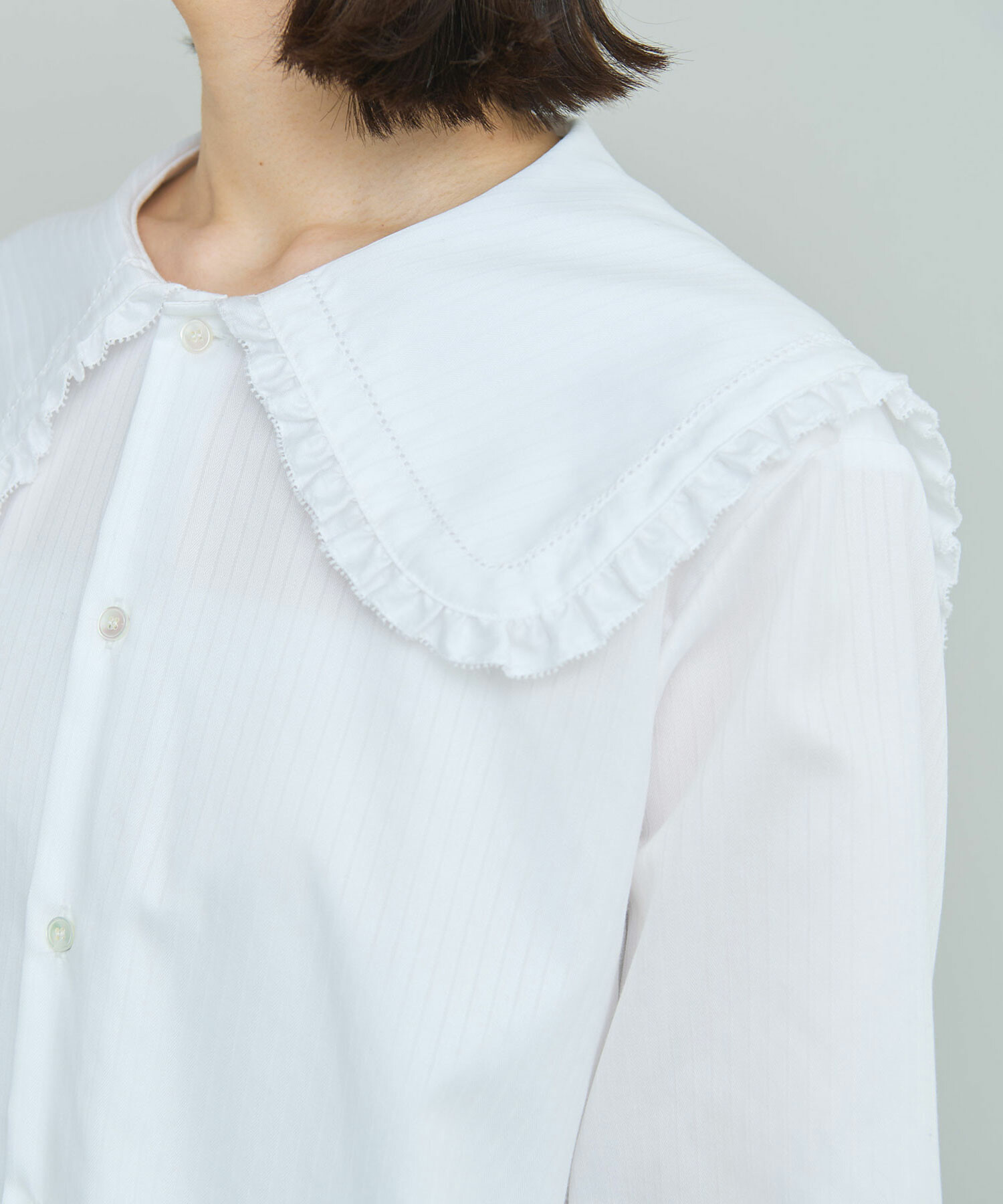 AMBIDEX Store 〇100/2ドビーストライプ フリルフラットカラー シャツ