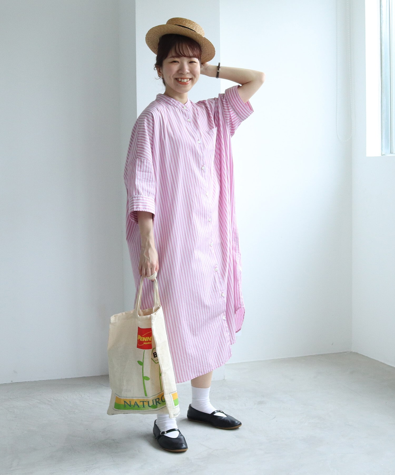 AMBIDEX Store 【WEB別注】 ストライプBIGシャツワンピース(F ピンク 