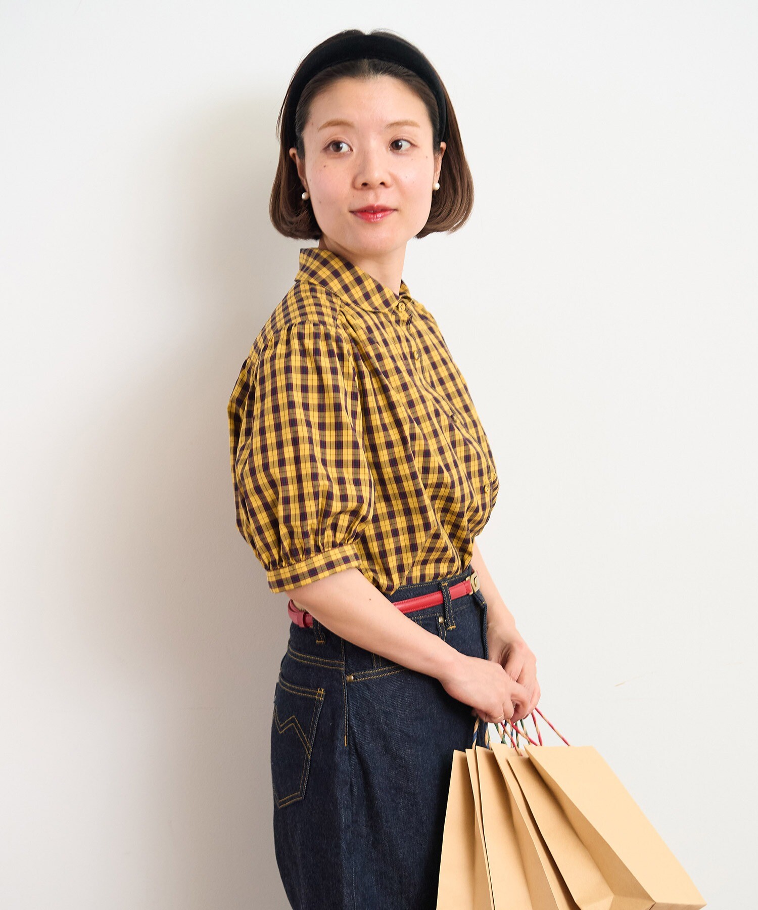 AMBIDEX Store ○パフ袖チェックブラウス(F イエロー): CHILD WOMAN