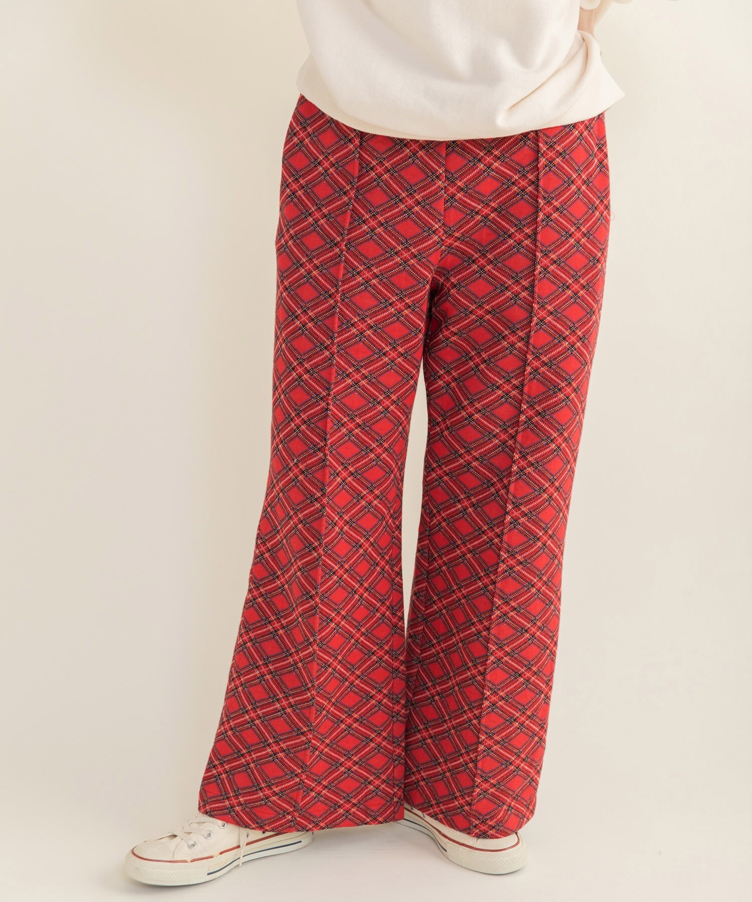 AMBIDEX Store チェック柄キルトジャカード イージーパンツ(F アカ