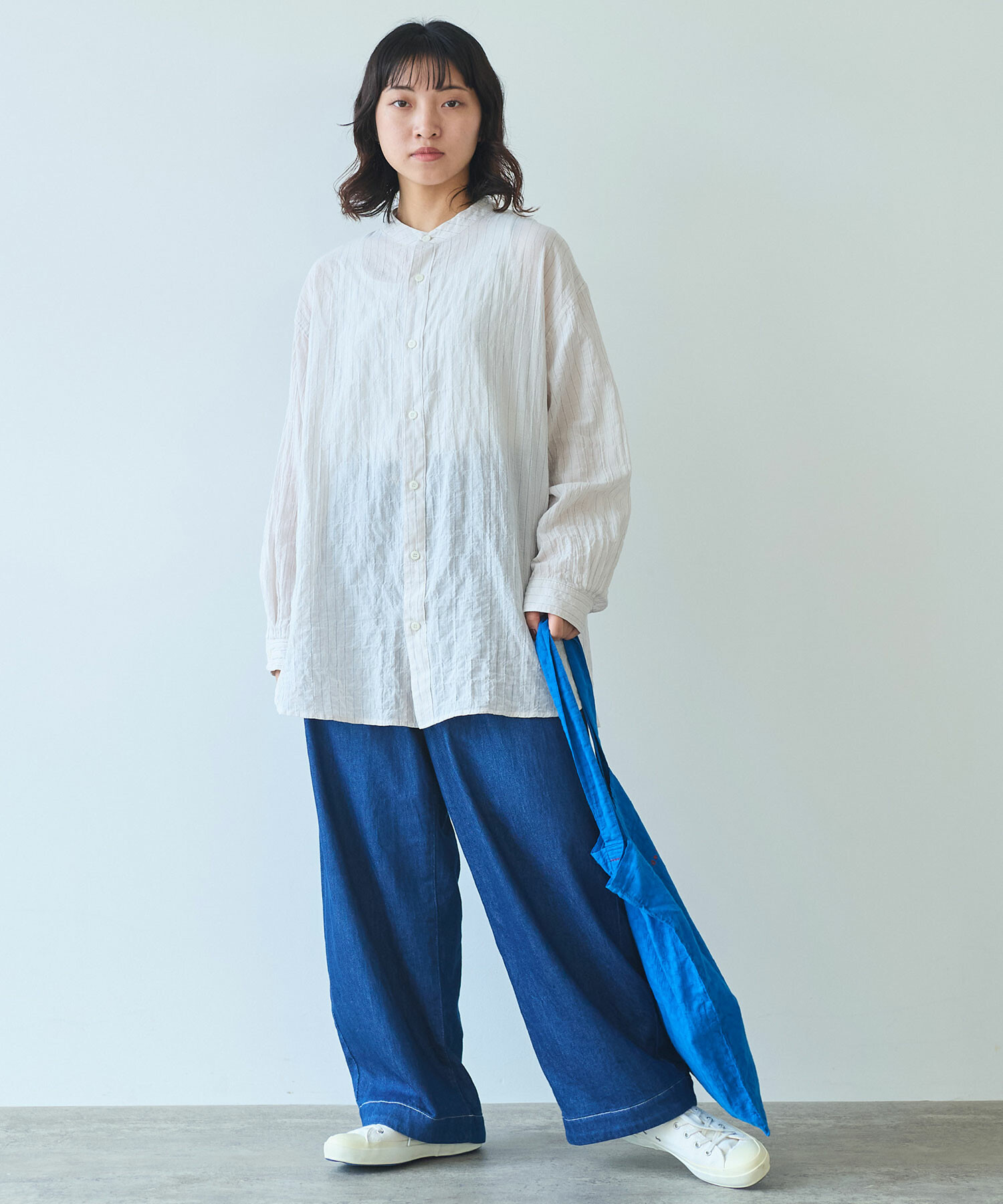AMBIDEX Store 〇 shirring stripe バンドカラーシャツ(F ピンク