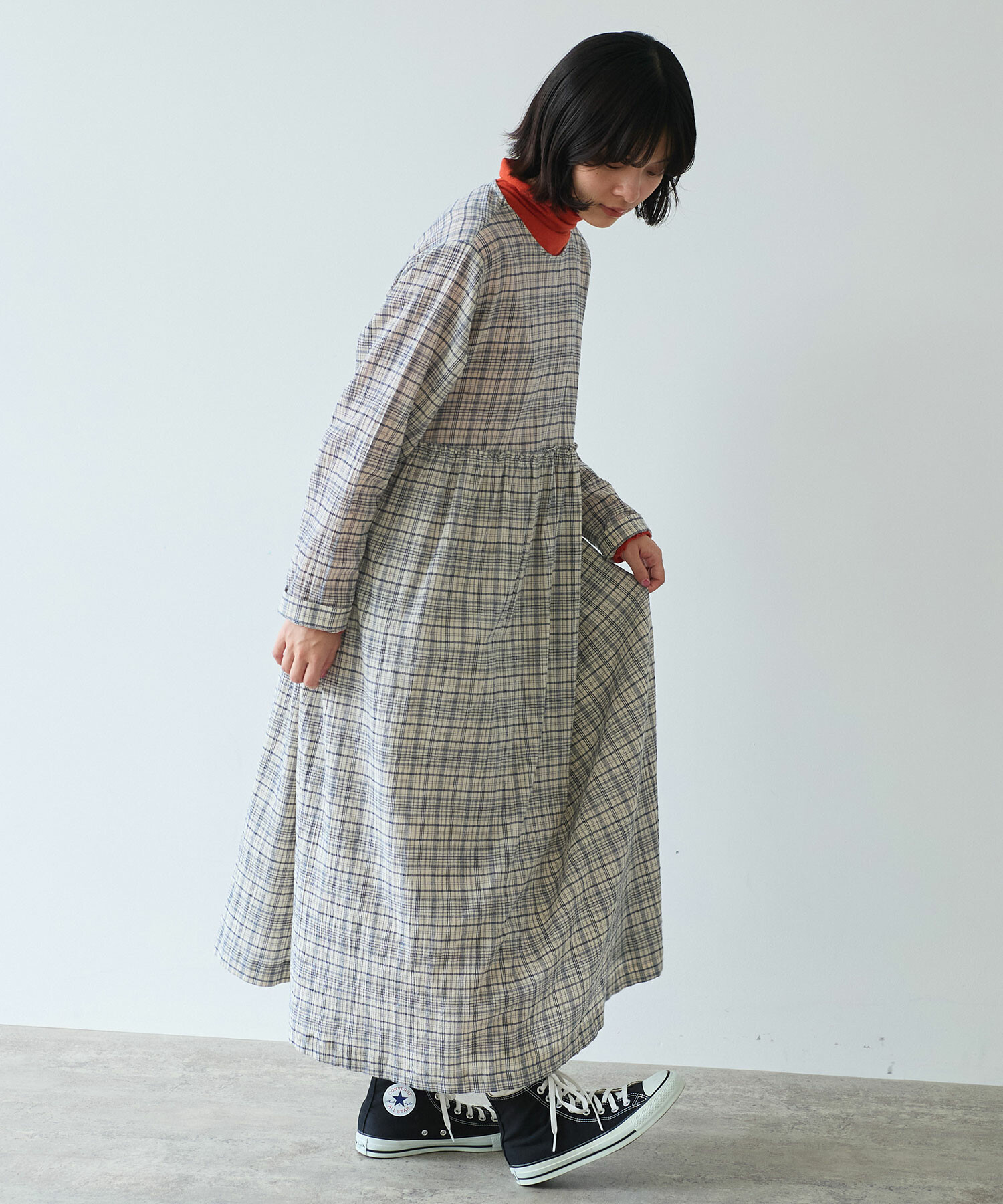 美品　ビュルデサボン　リネン100% 千鳥格子柄 シャツロングワンピース麻100 bulle de savon（ビュルデサボン） ワンピース オックス コック 長袖