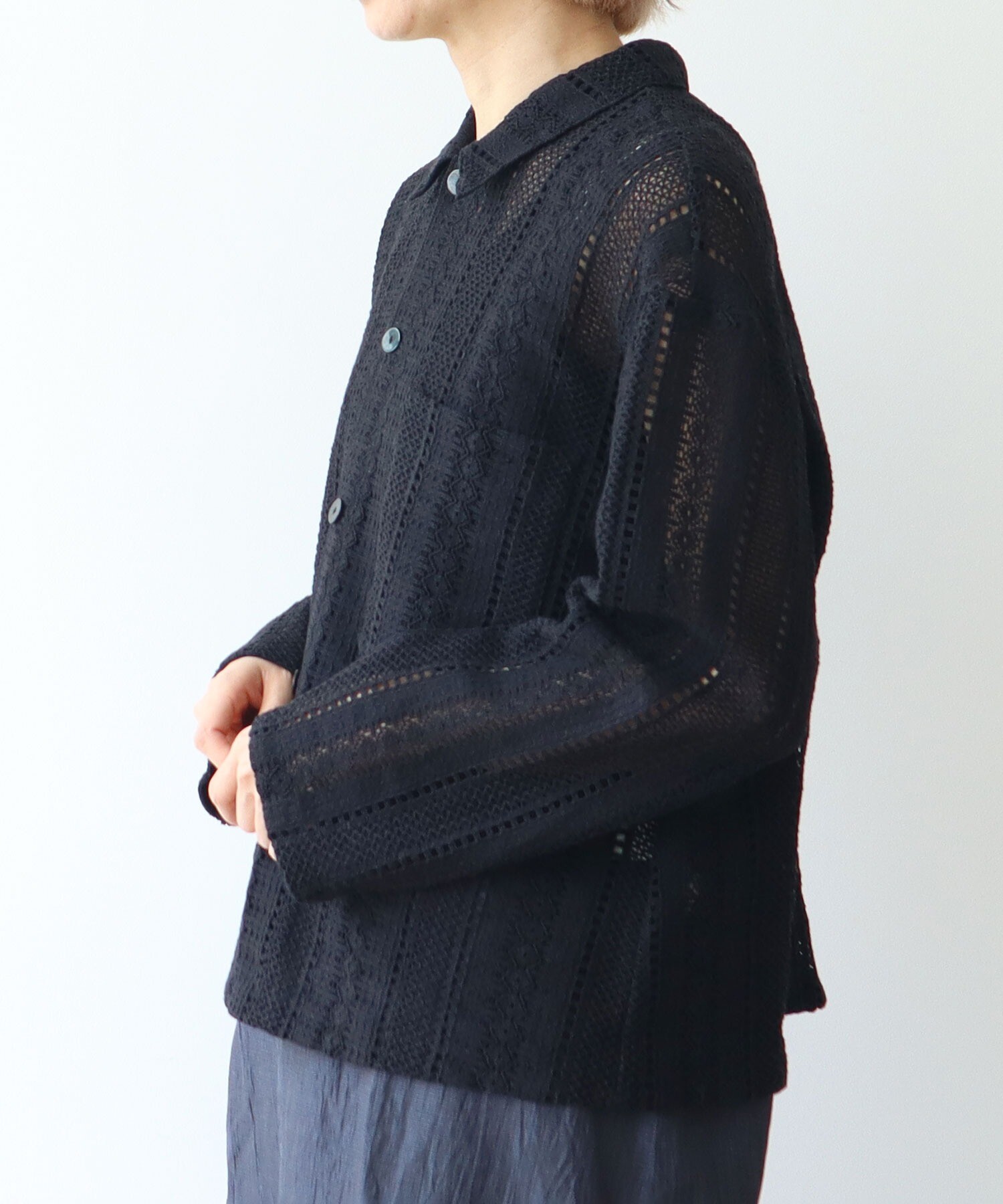 AMBIDEX Store コットン ruschel lace シャツジャケット(F クロ