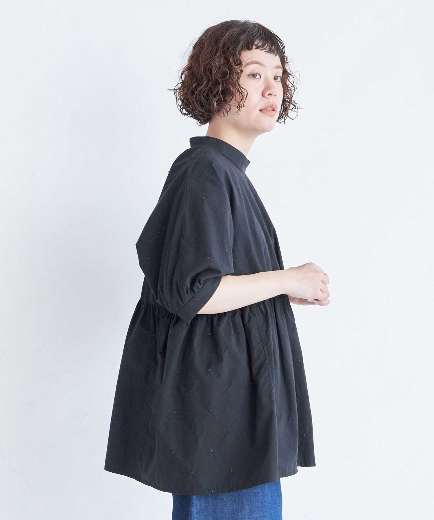 AMBIDEX Store ○ラメ刺繍DOT ギャザードルマンブラウス(F BLACK