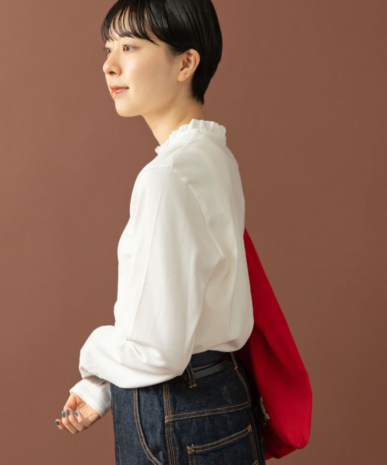tシャツ コーマ天竺 ヘンリーネックフリルカットソー レディース AMBIDEX Store 【予約販売】○コーマ天竺 ヘンリーネックフリル