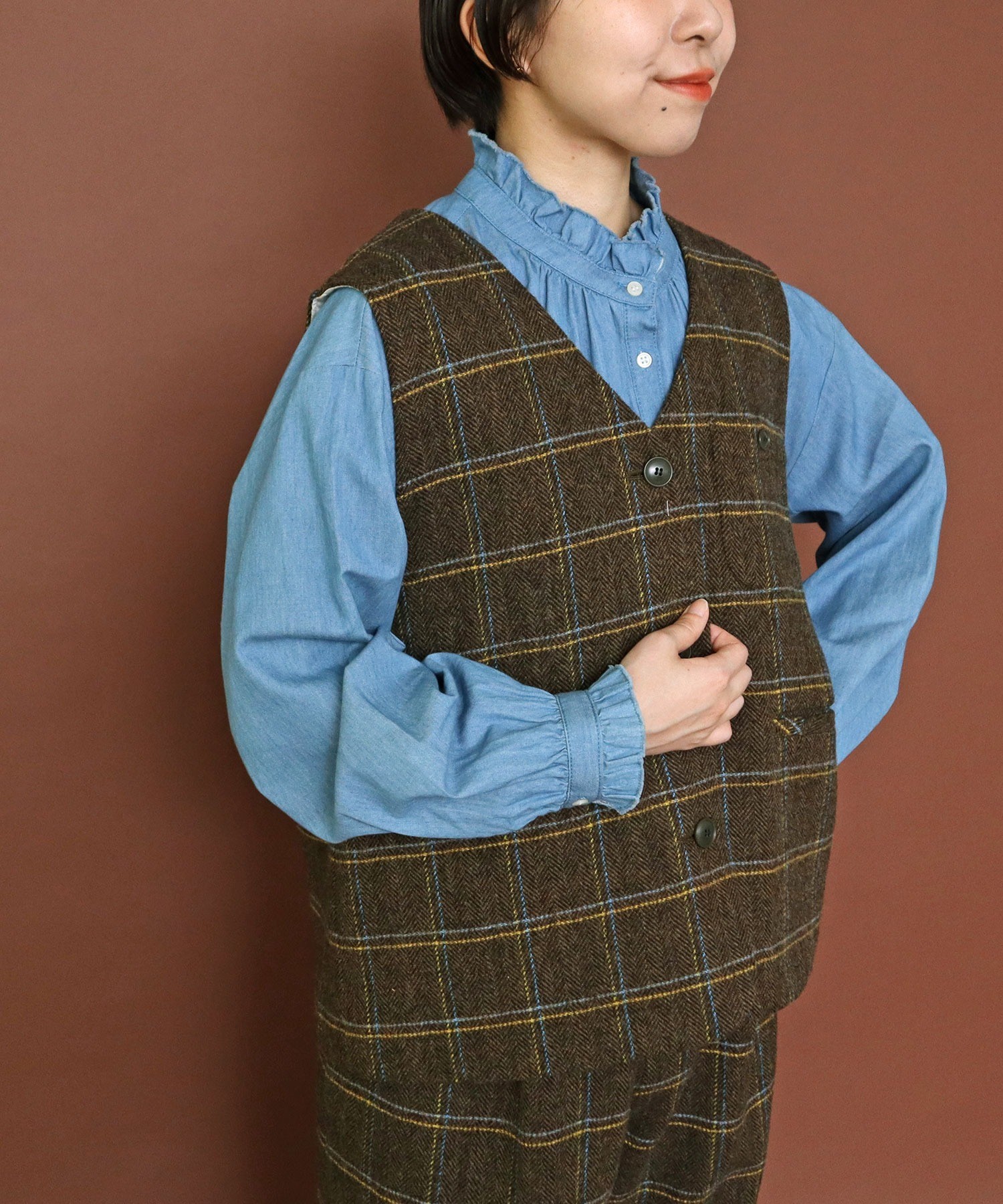 AMBIDEX Store ○英国羊毛 へリンボンチェックベスト(セットアップ対応