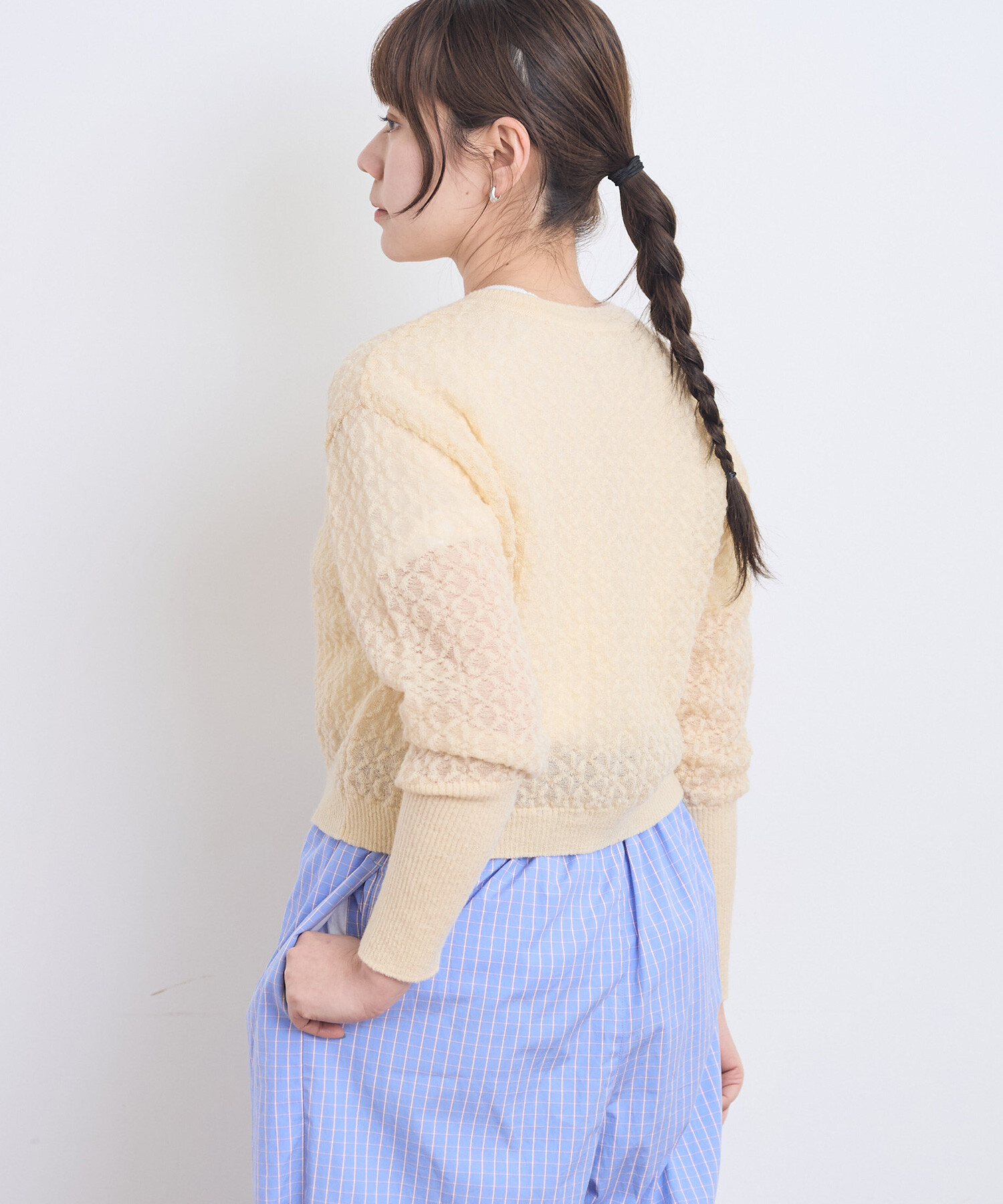 AMBIDEX Store 〇幾何学レースジャカード リボンカーディガン(F