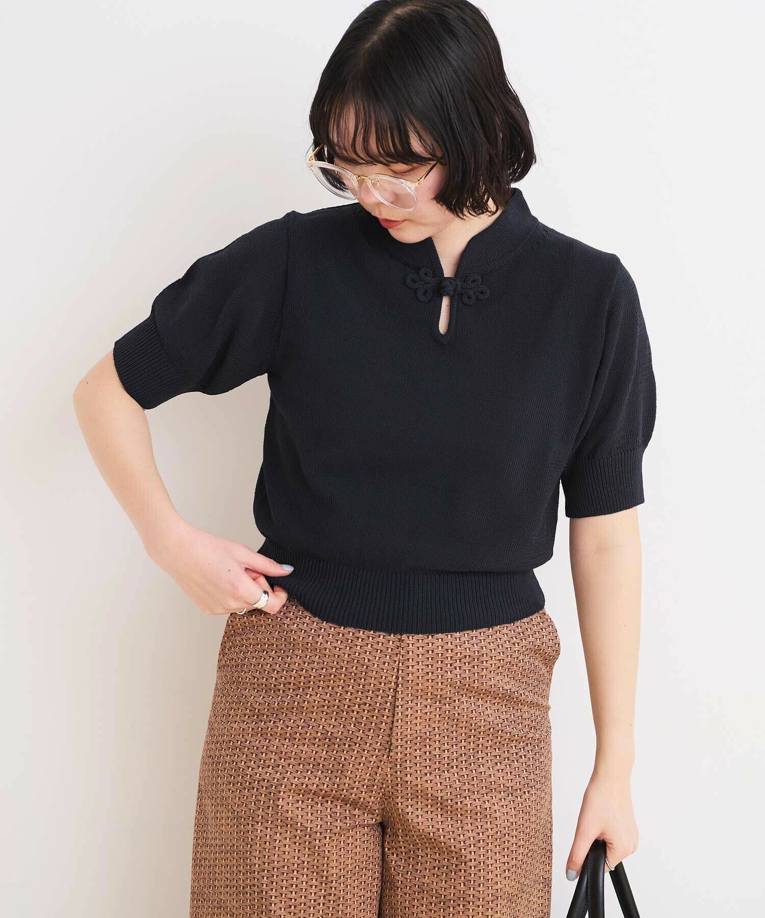 真木テキスタイル　プルオーバー半袖　新品 AMBIDEX Store △〇COTTON NYLON 華釦 半袖プルオーバー(F クロ