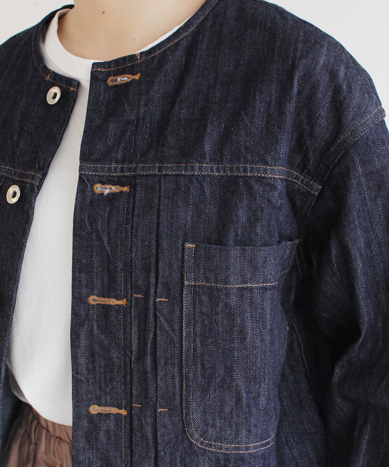 yuni ユニ デニムジャケット ノーカラー インディゴ コットン AMBIDEX Store △cotton denim ノーカラー ブルゾン(F コン): yuni