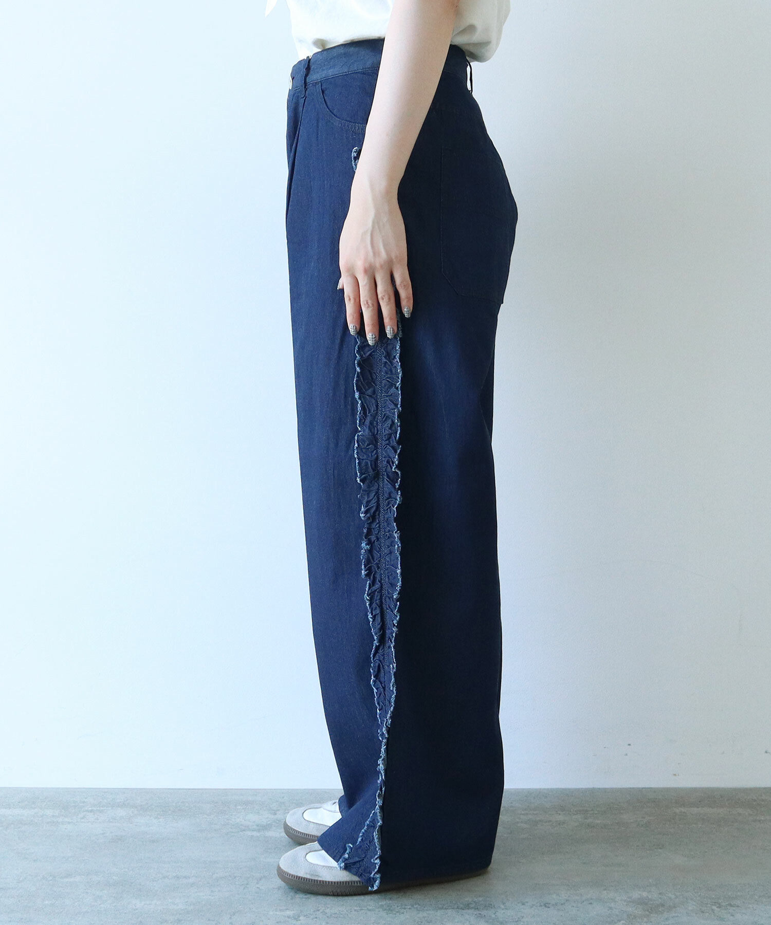 AMBIDEX Store 5.5oz LIGHT DENIM SIDE FRILL パンツ(F LIGHT BLUE