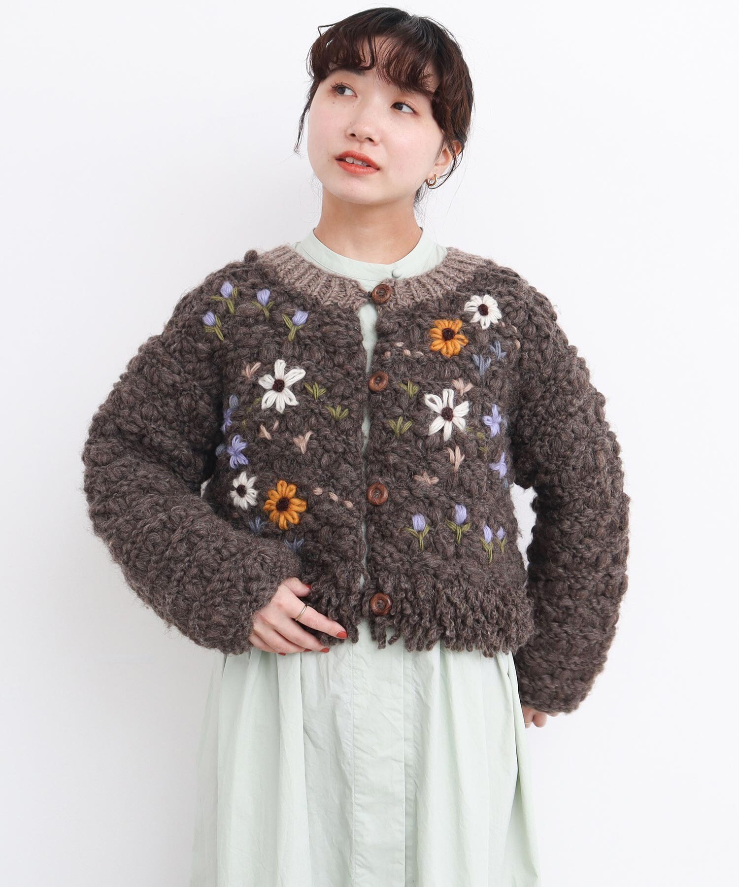 AMBIDEX Store 〇花の咲く散歩道 ハンドニットカーディガン (F チャ