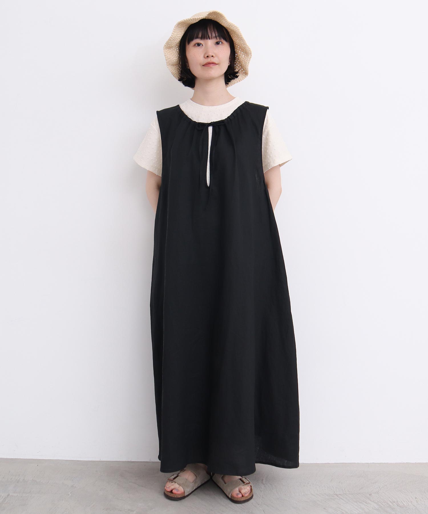 AMBIDEX Store ○〇麻のしぼるリボン ノースリワンピース(F グリーン