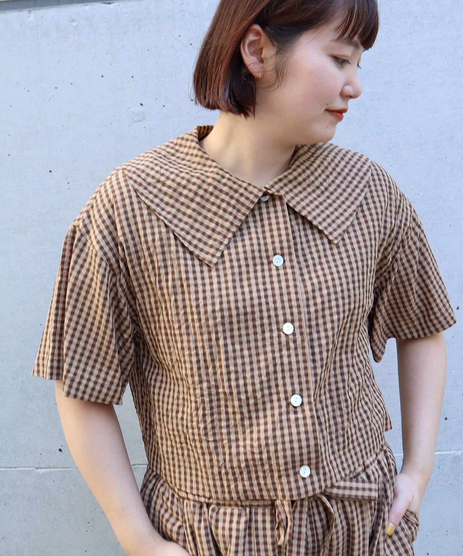AMBIDEX Store ○○ドビーギンガム 5分袖ショート前あきブラウス