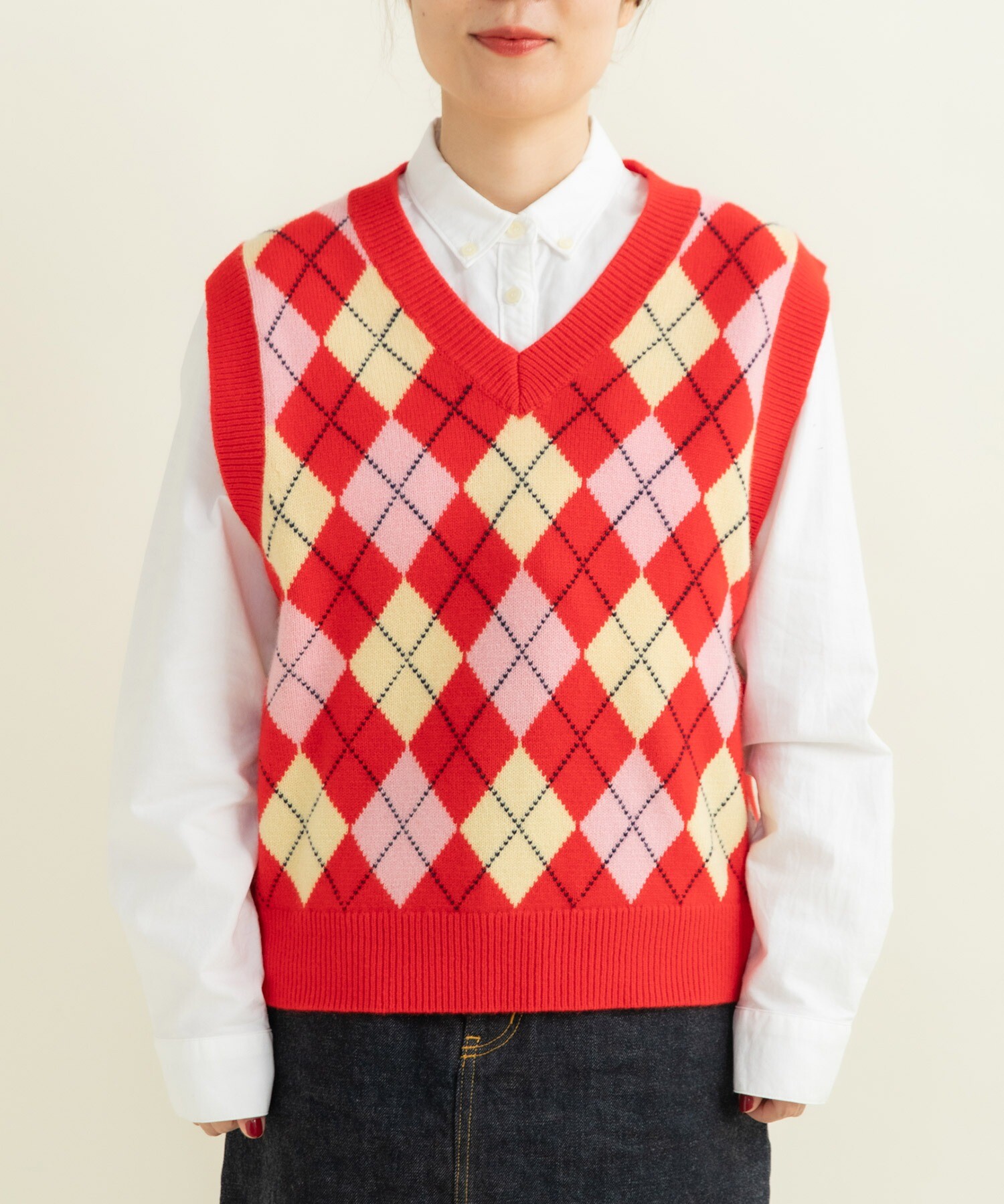 AMBIDEX Store ○メリノウール アーガイルⅤネックベスト(F アカ