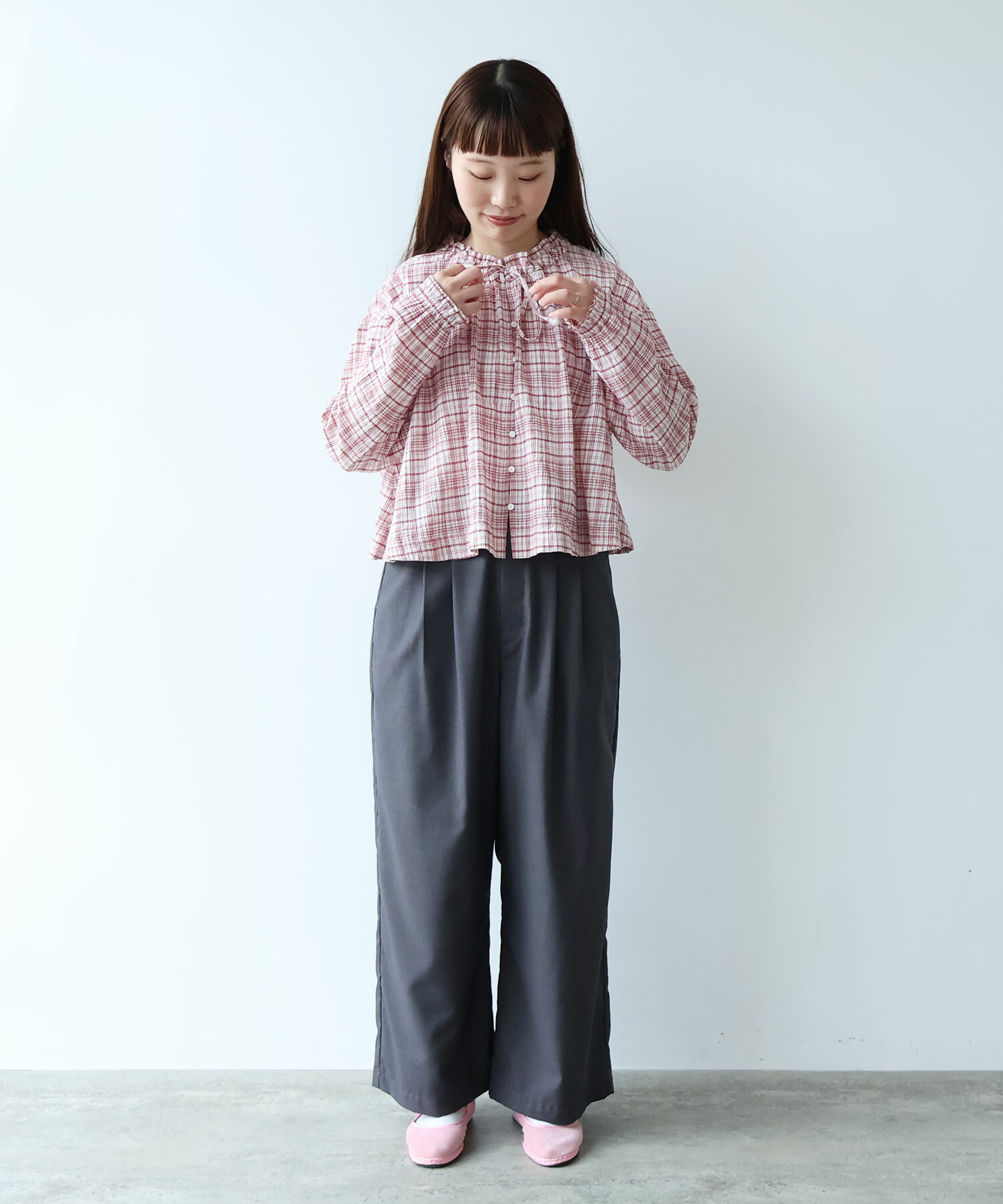 AMBIDEX Store △〇 ちぢみcheck ブラウス(F ピンク): bulle de savon