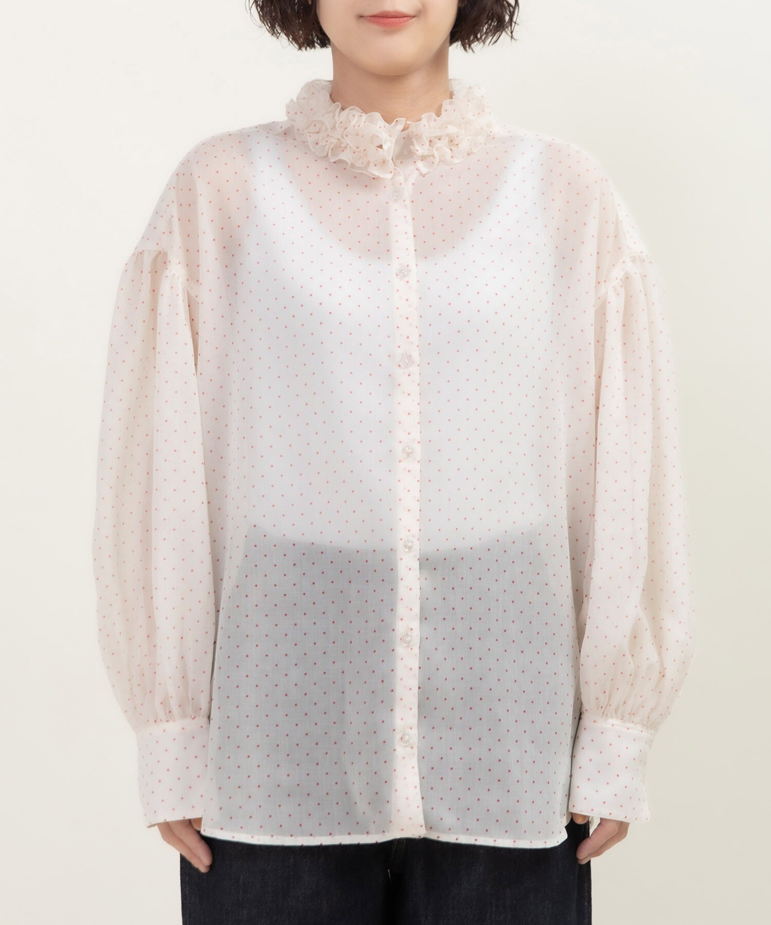 シアードットプリント 2段フリル襟ブラウス