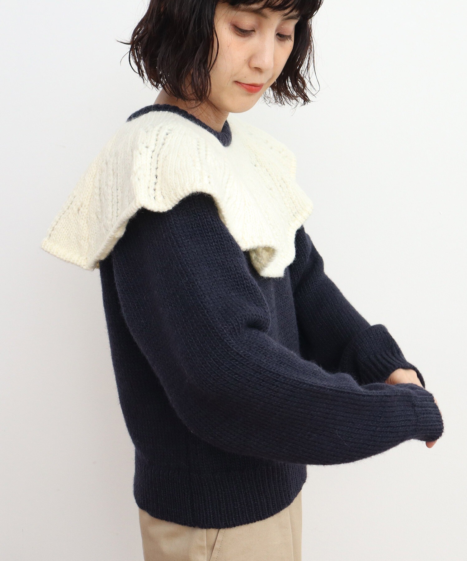 AMBIDEX Store ○1/3Wool 透かし編みケープ襟プルオーバー(F キナリ