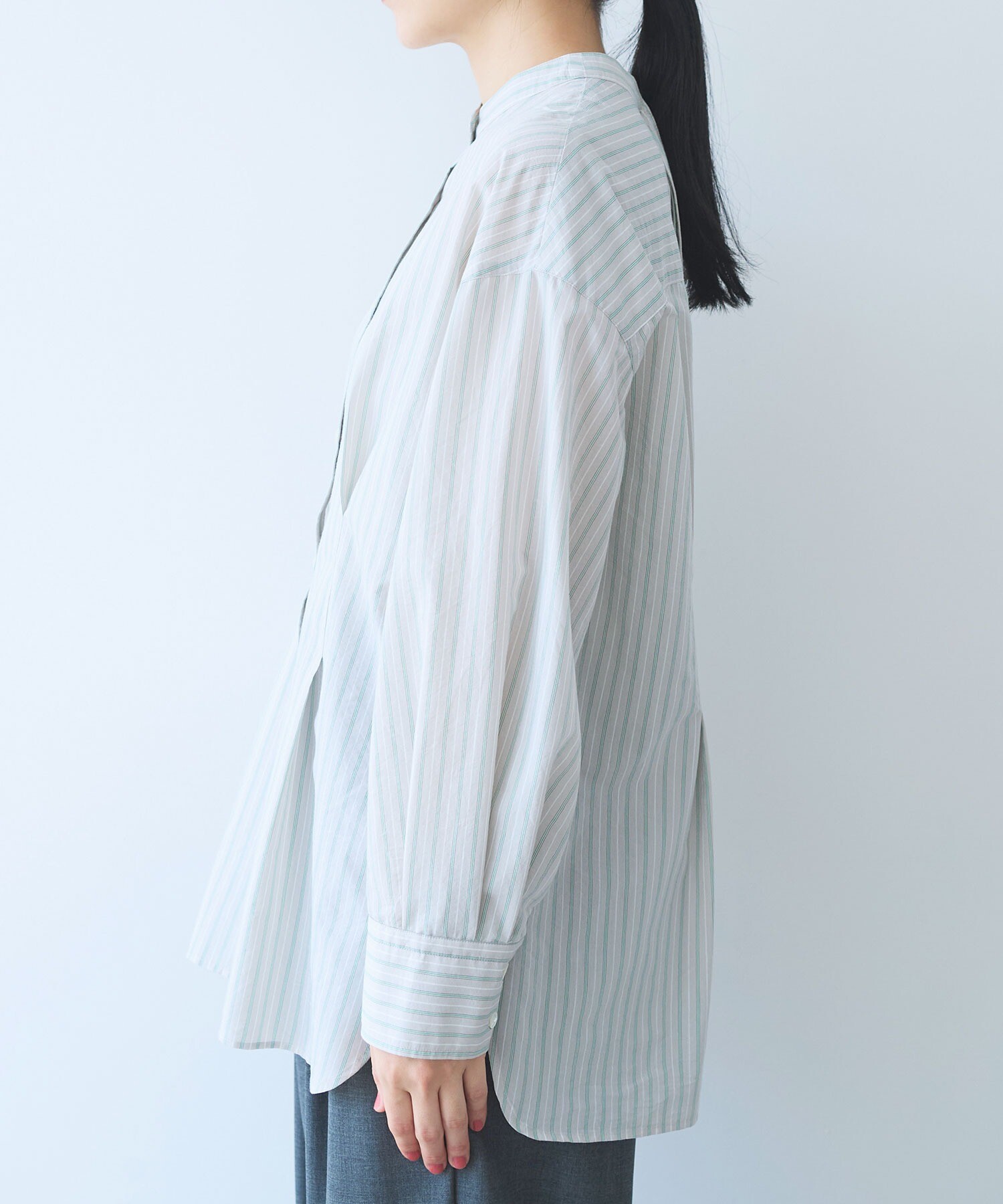 フラボアパーク　ストライプロングシャツ　サイズ1 グリーン　綿　ユニセックス フラボアパーク ストライプロングシャツ サイズ1 グリーン 綿