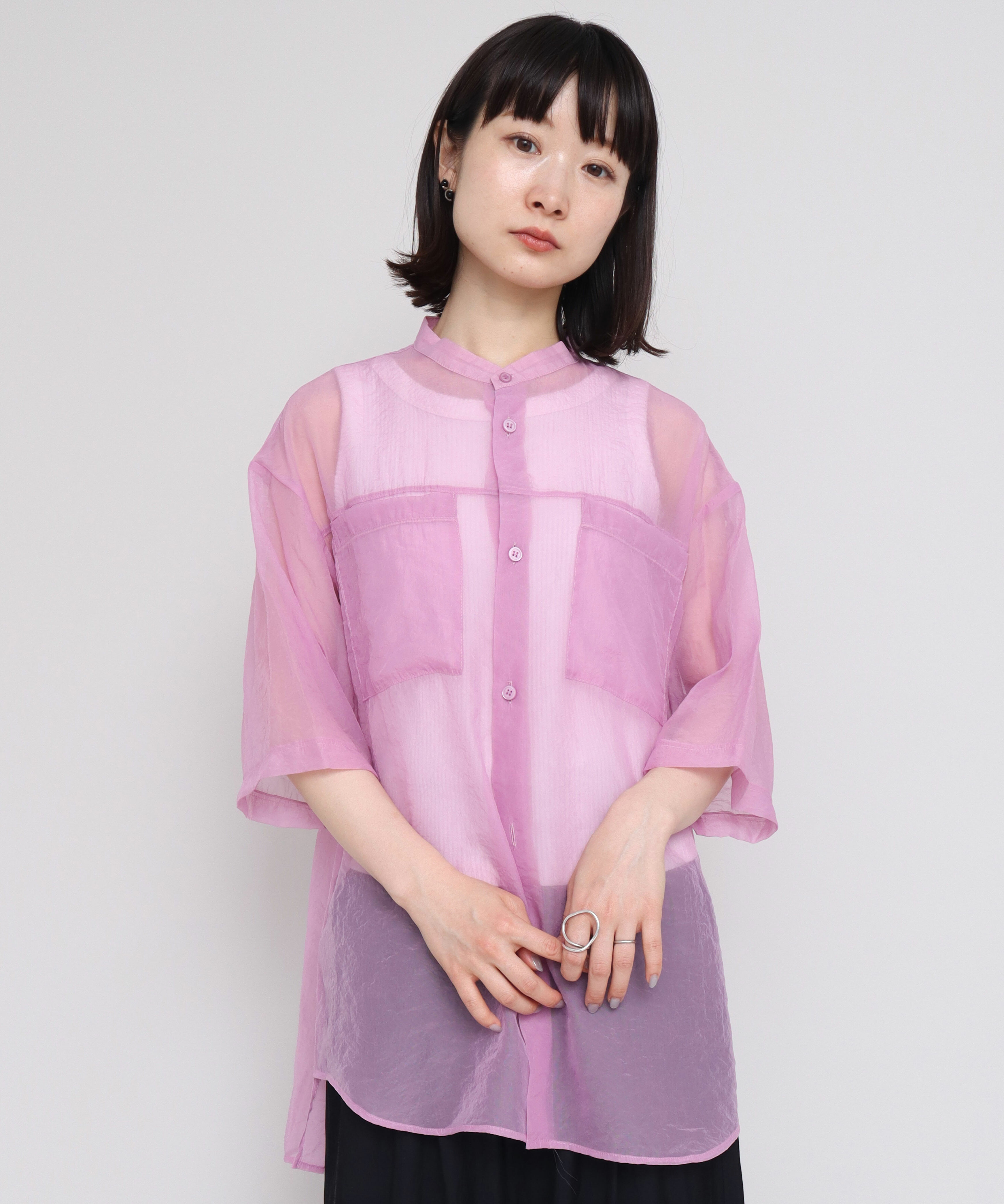 新入荷G/FORE韓国 ジーフォアレディース半袖シャツsizeMピンク 短丈無地シアー半袖シャツ[品番：GORW0007955]｜GORGE （ゴージ