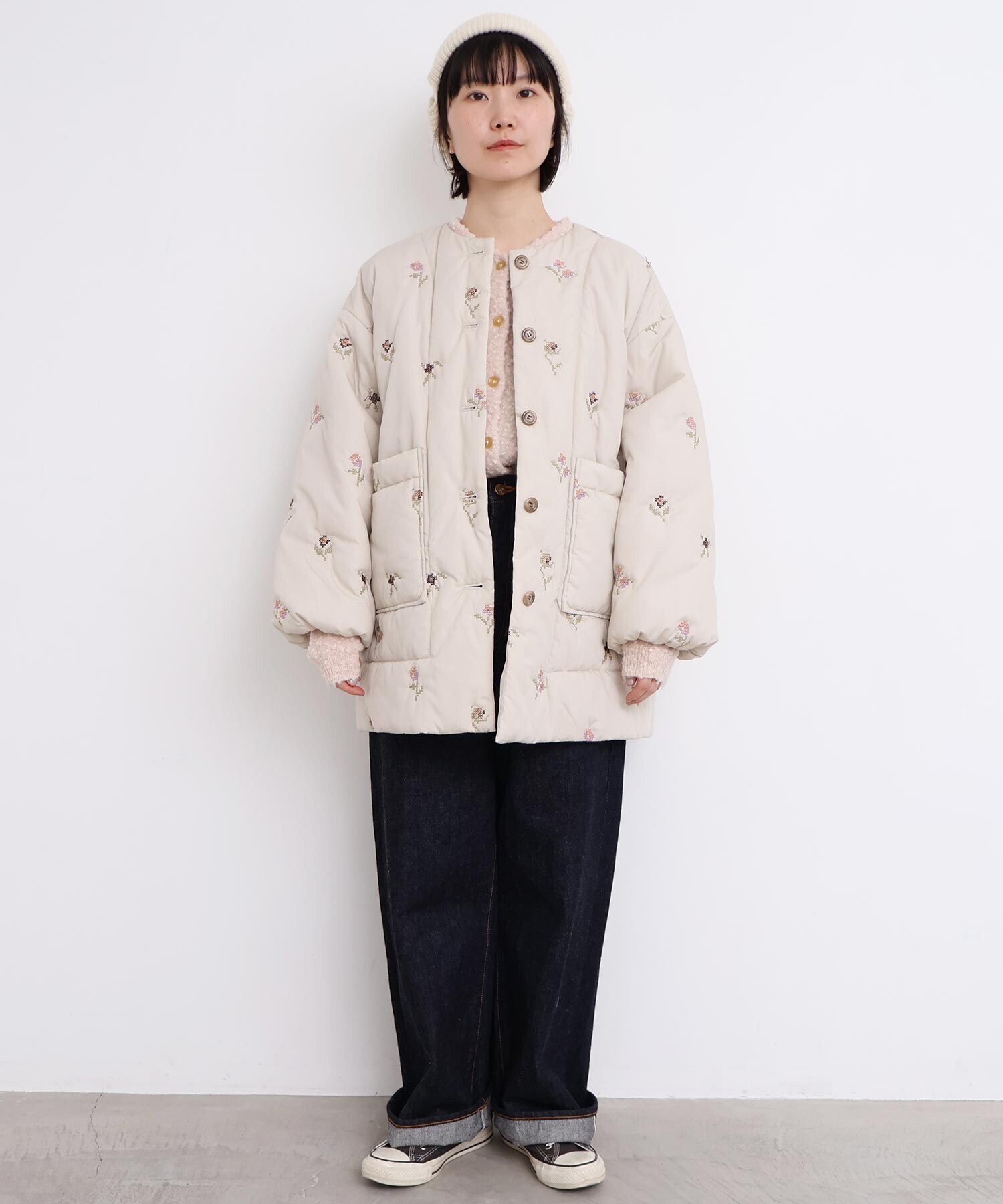 AMBIDEX Store 〇お花のクロスステッチ キルト刺繍コート(F キナリ): l