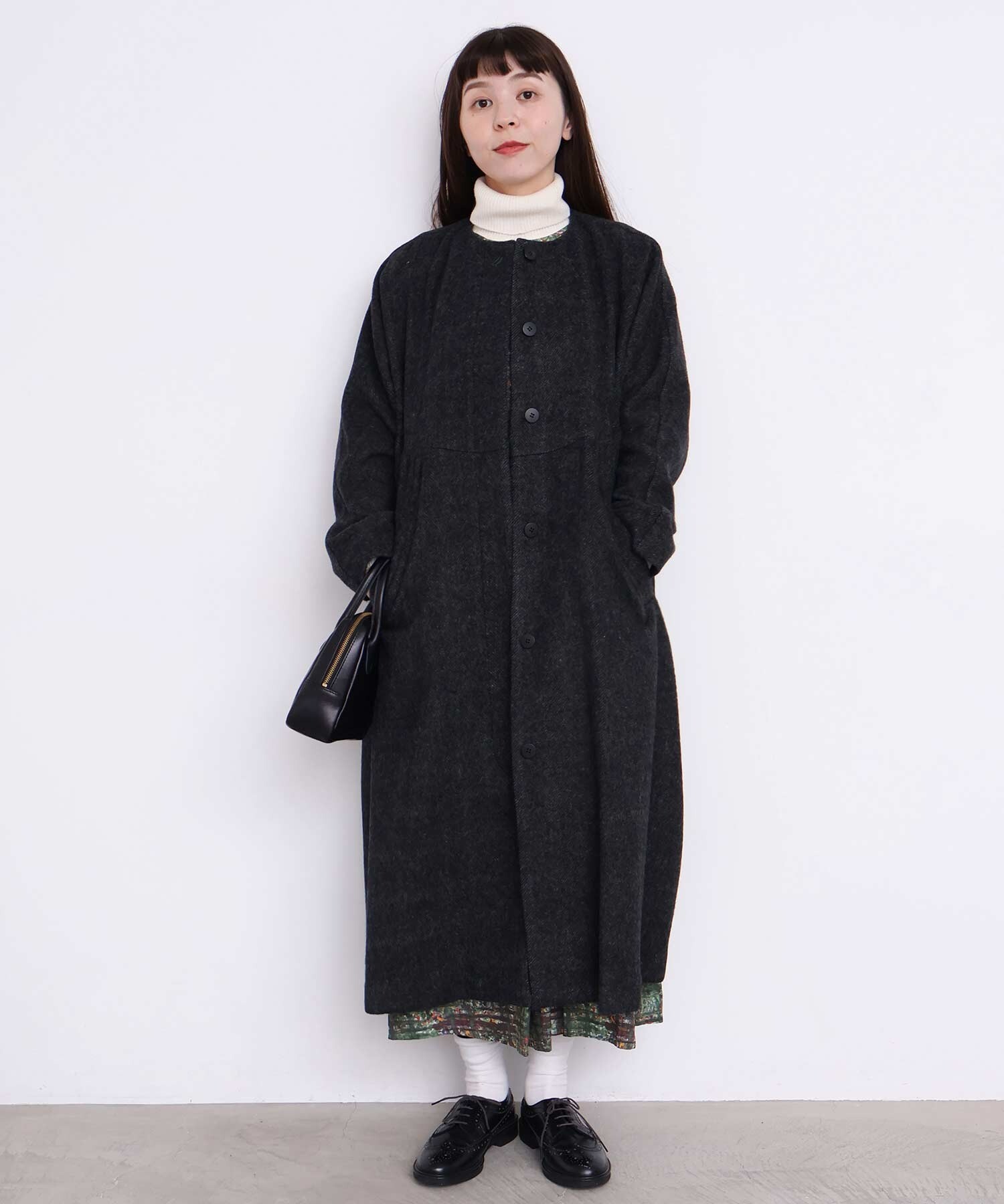 AMBIDEX Store 〇ヘリンボーンウール ドルマンギャザーコート (F クロ