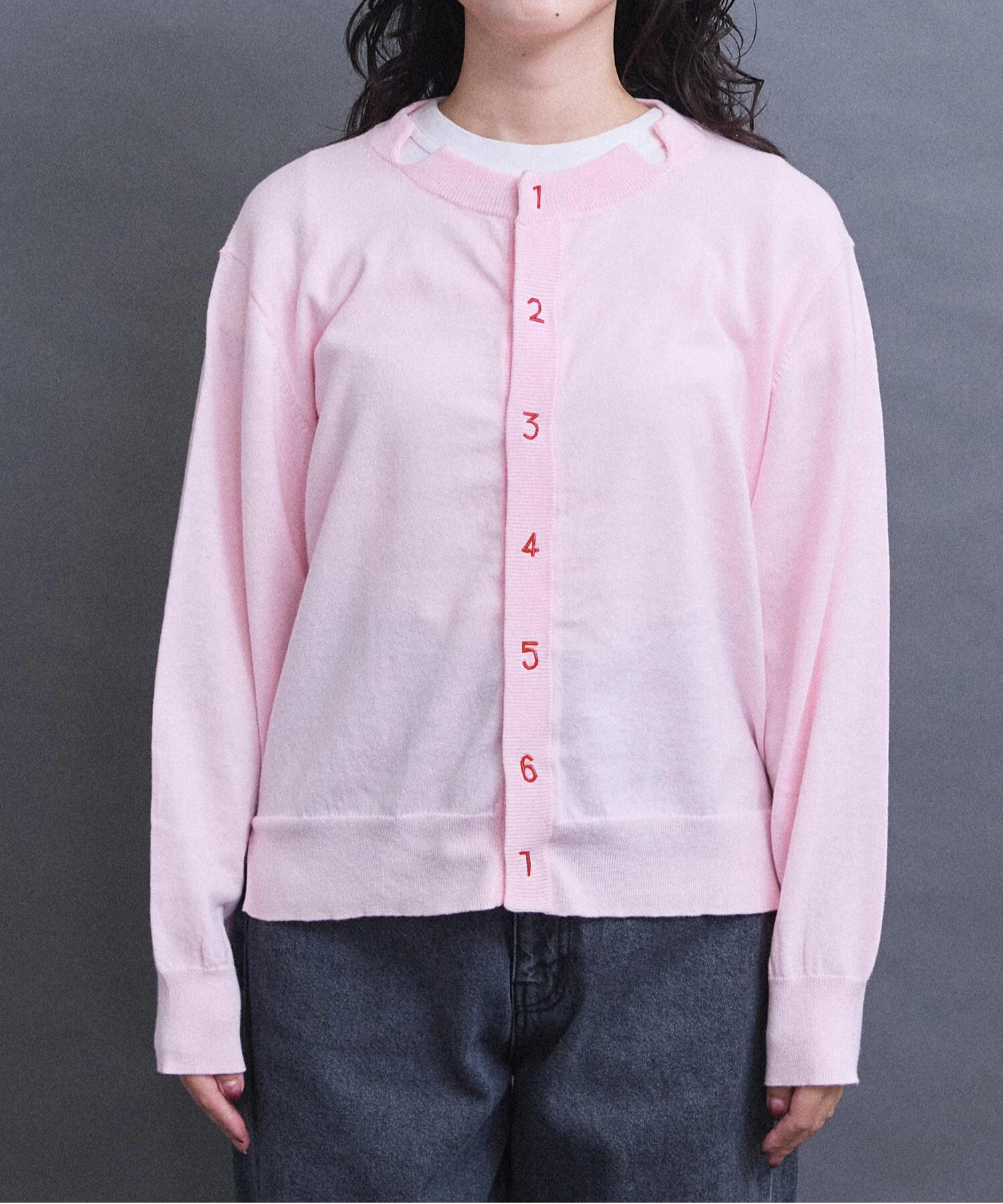 AMBIDEX Store コットン数字刺繍 クルーカーディガン(F サックス): l