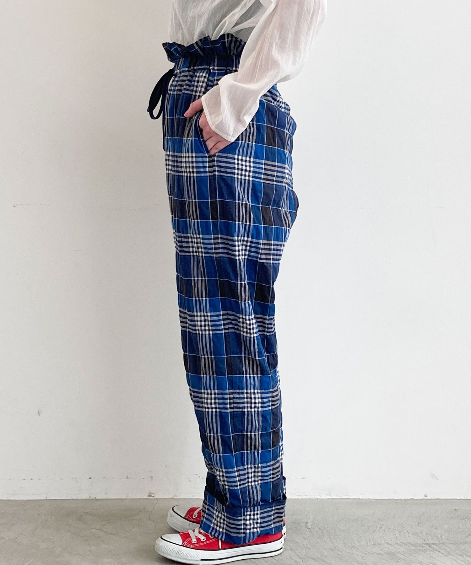 AMBIDEX Store 〇shirring check waist frill PANTS(F アオ): l 