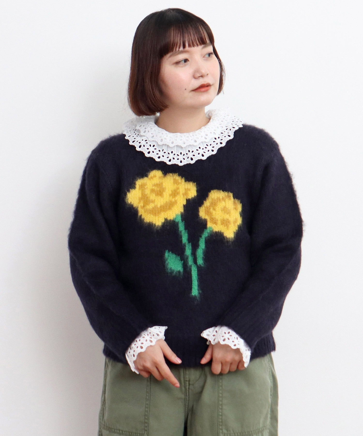 AMBIDEX Store ○花モチーフ起毛インターシャプルオーバー(F アオ