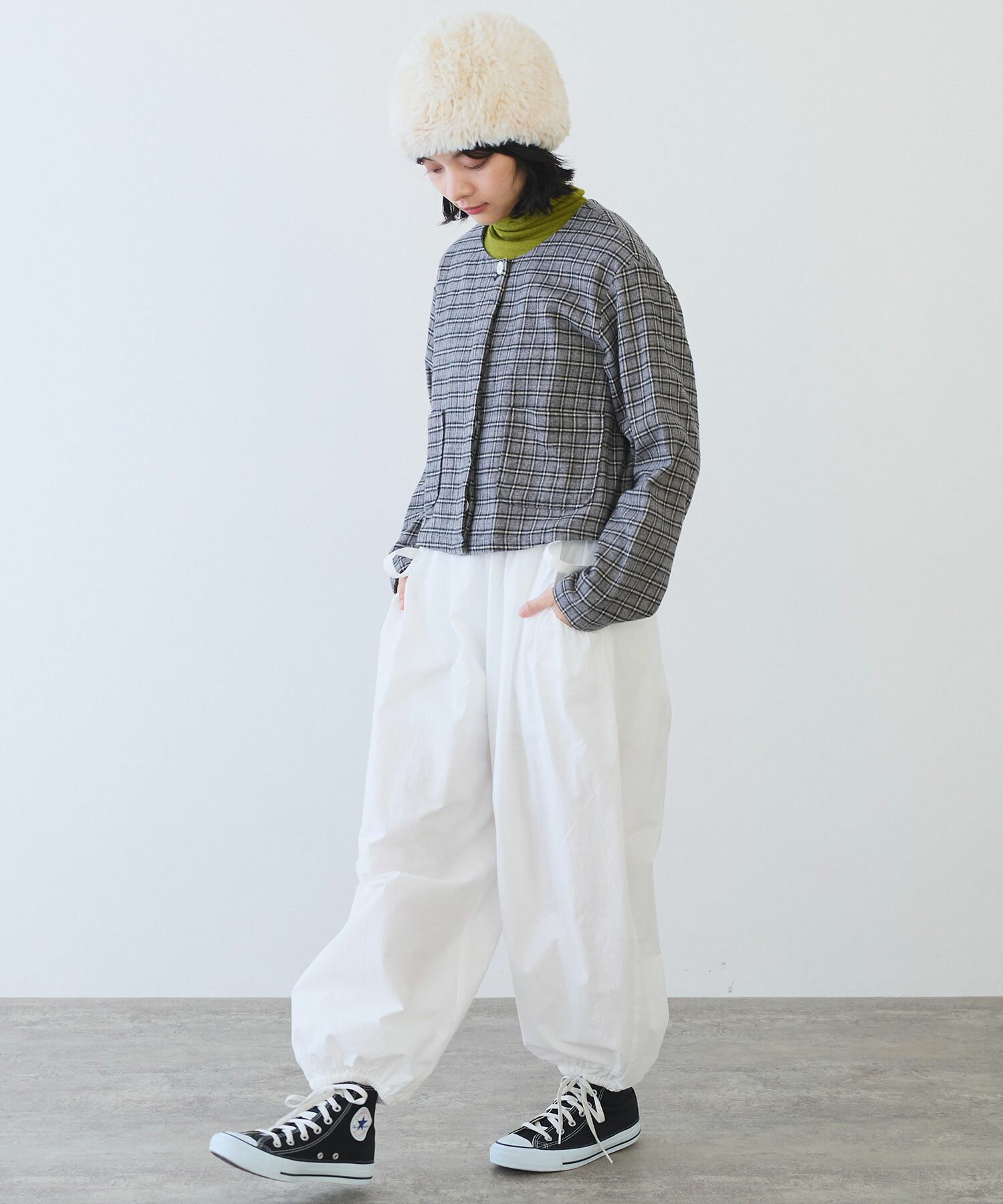 AMBIDEX Store ○ mini チェック ノーカラーブラウス(F アオ