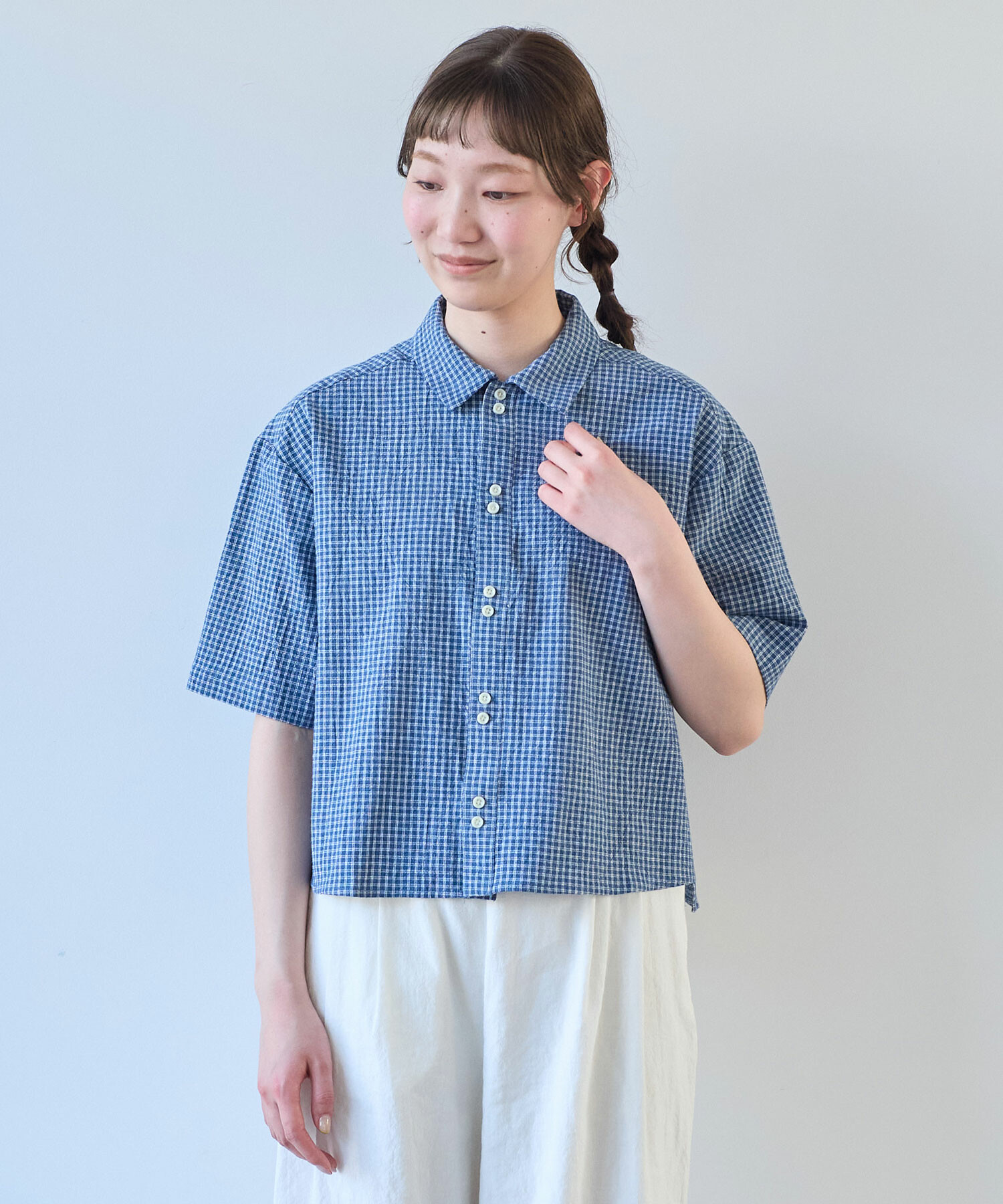 AMBIDEX Store ○ 60sフレンチリネン boy shirt(F アオチェック