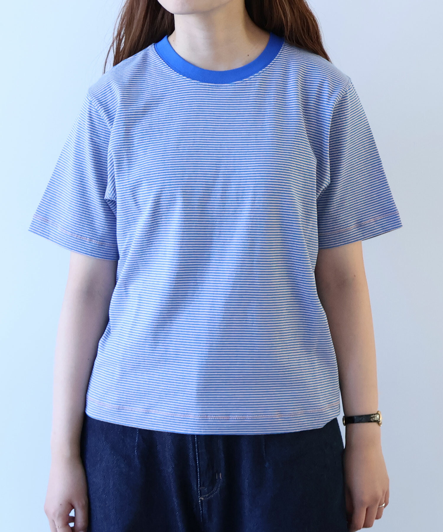 tシャツ ミジンボーダー ノースリ レディース AMBIDEX Store △ミジンボーダー 半袖Tシャツ(F アオ): bulle de