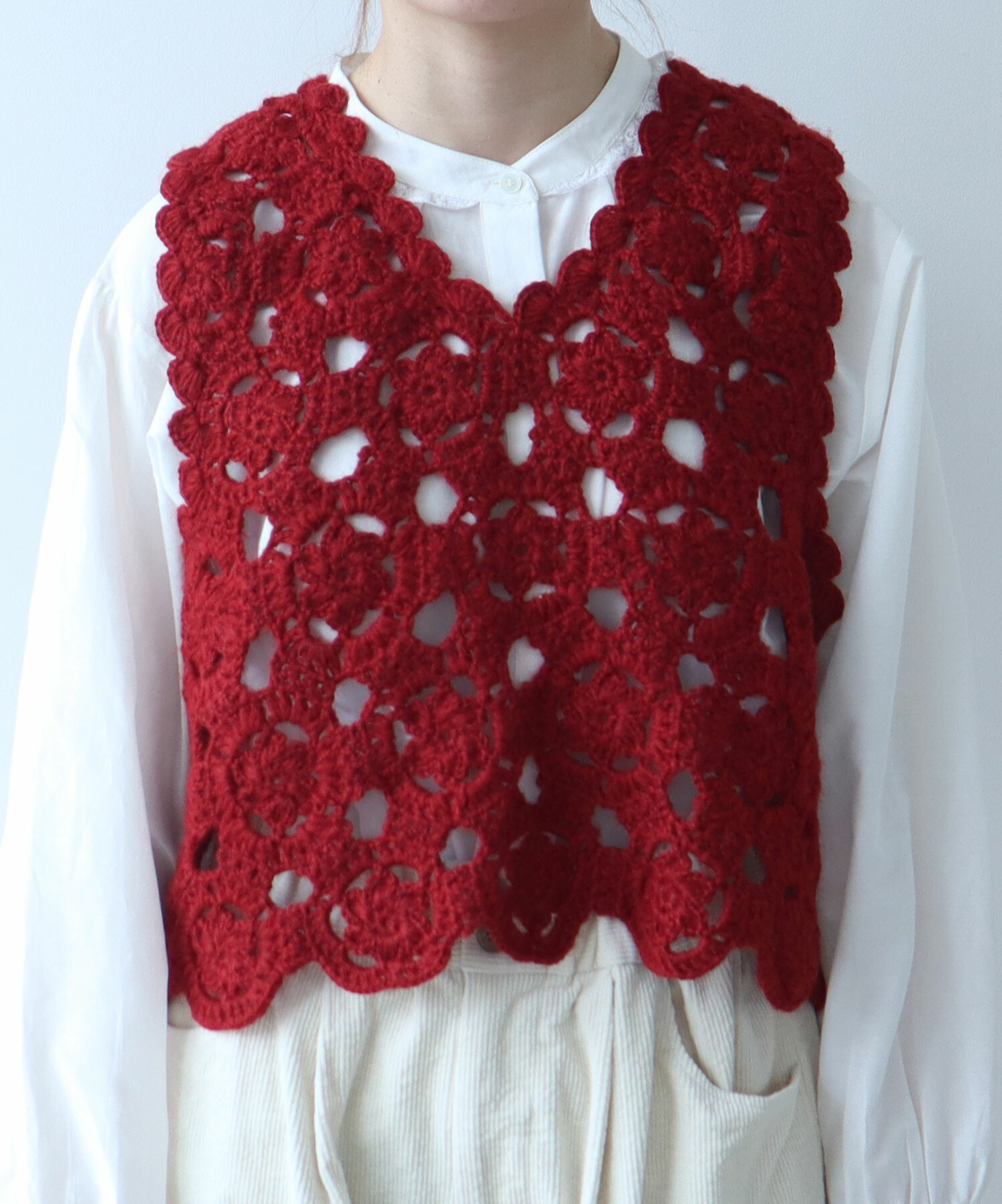 AMBIDEX Store ○ ネパールハンドニット かぎ針レース ベスト(F アカ