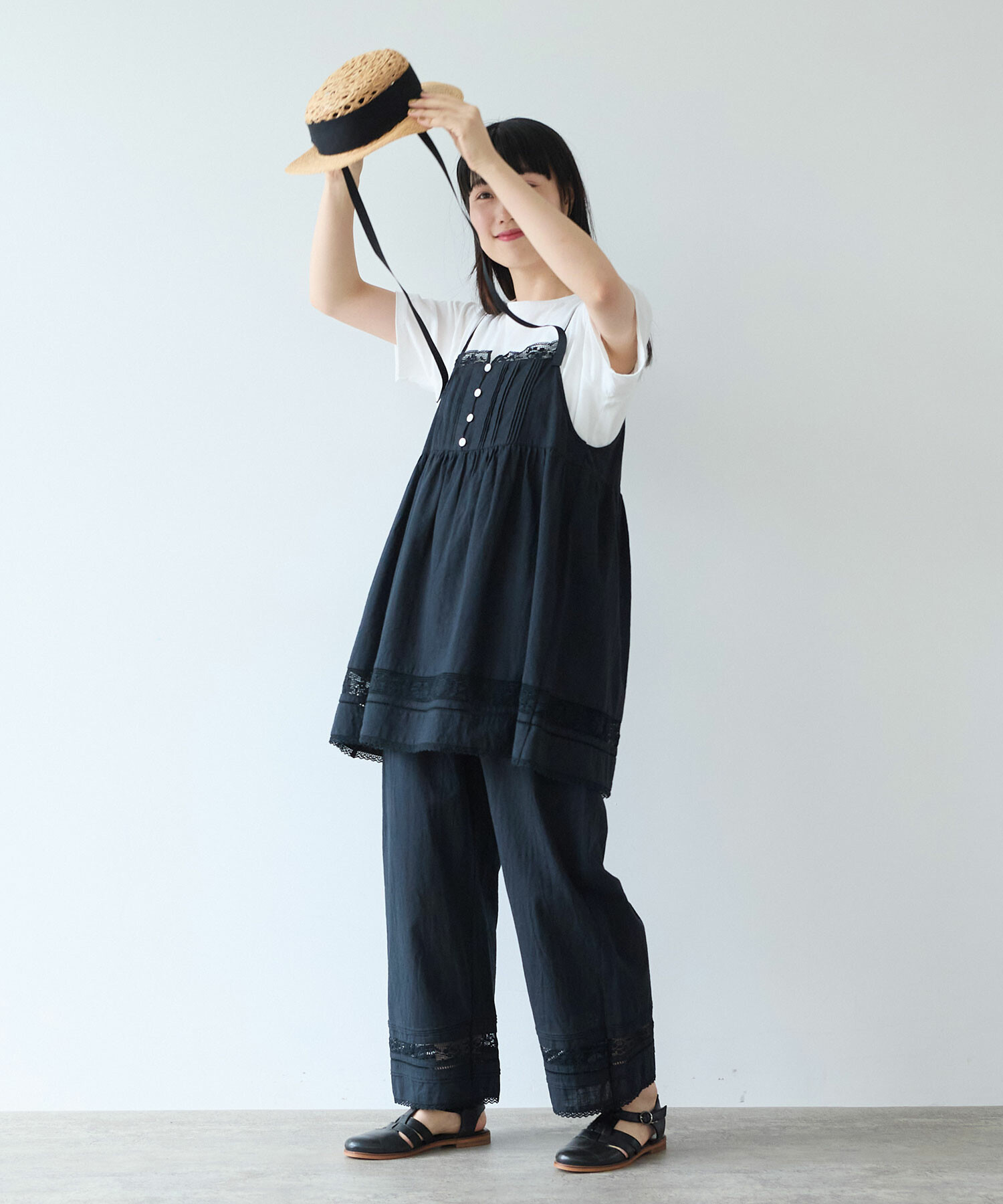 AMBIDEX Store 〇 コットン / リネン lace×pin tuck パンツ(F クロ