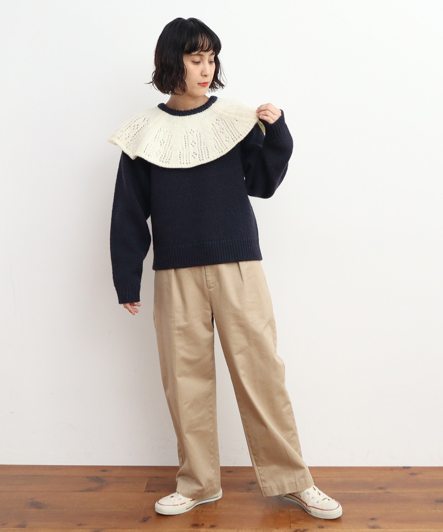 AMBIDEX Store ○1/3Wool 透かし編みケープ襟プルオーバー(F キナリ