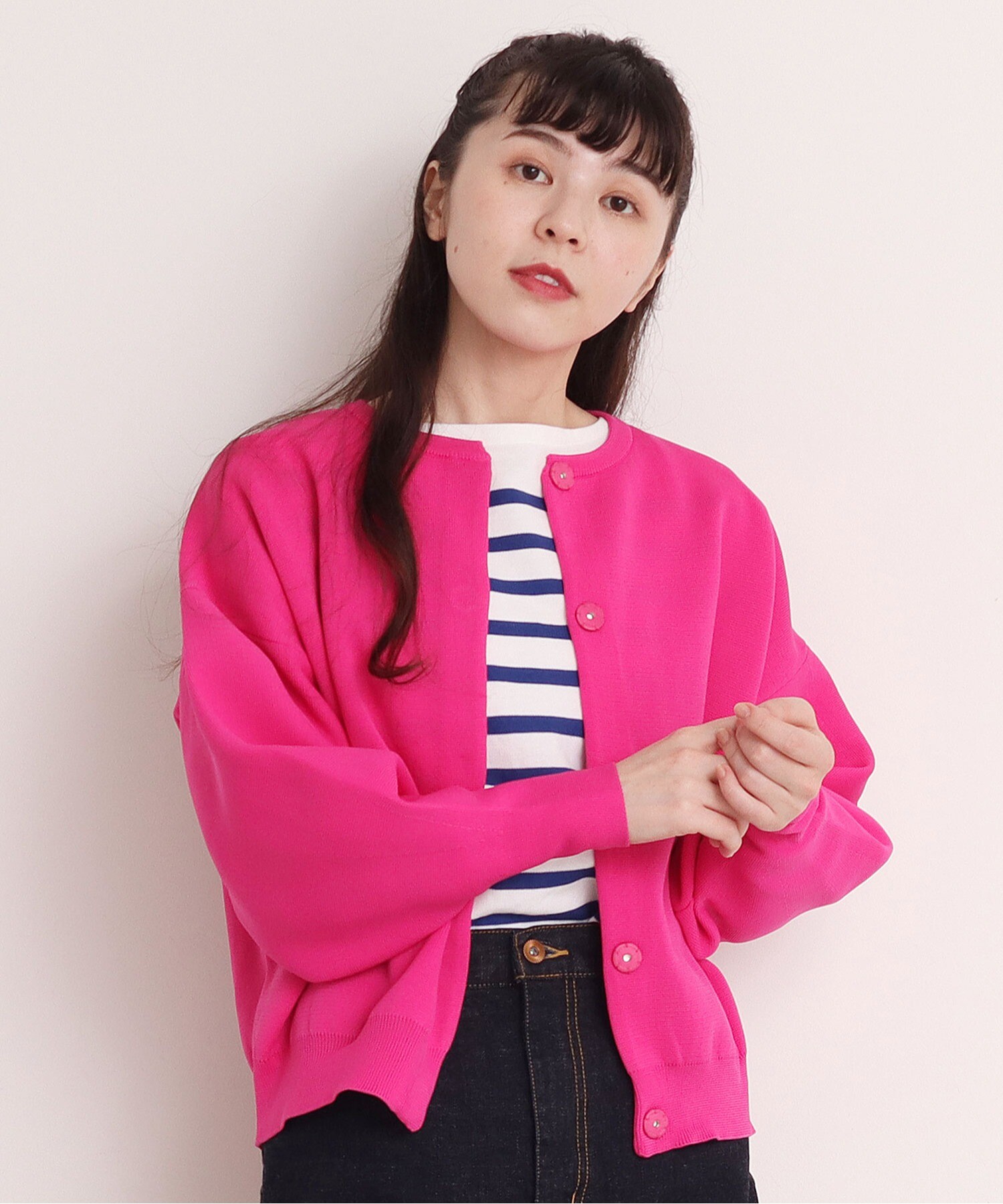 AMBIDEX Store 〇AMOSSAミラノリブ BIGサイズ カーディガン(F クロ): Dot and Stripes CHILD WOMAN