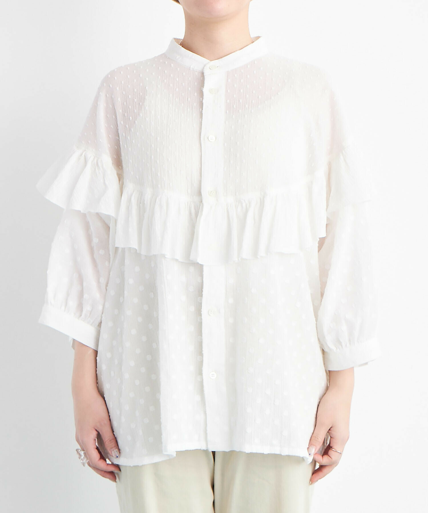 AMBIDEX Store DOT CUT DOBBY ROUND FRILL ブラウス(F WHITE): buoybuoy