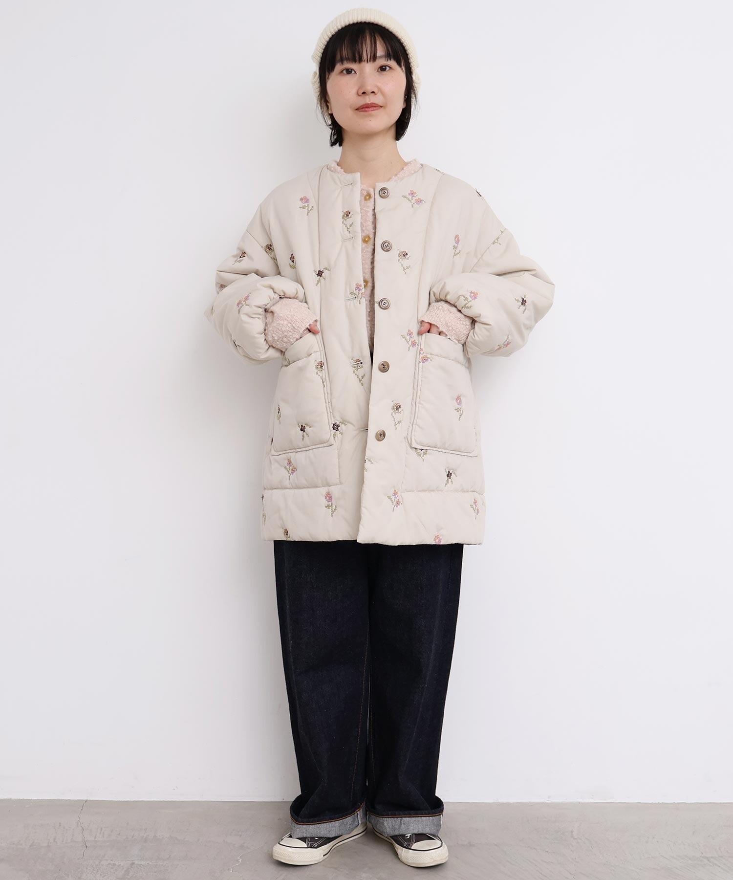 AMBIDEX Store 〇お花のクロスステッチ キルト刺繍コート(F キナリ): l